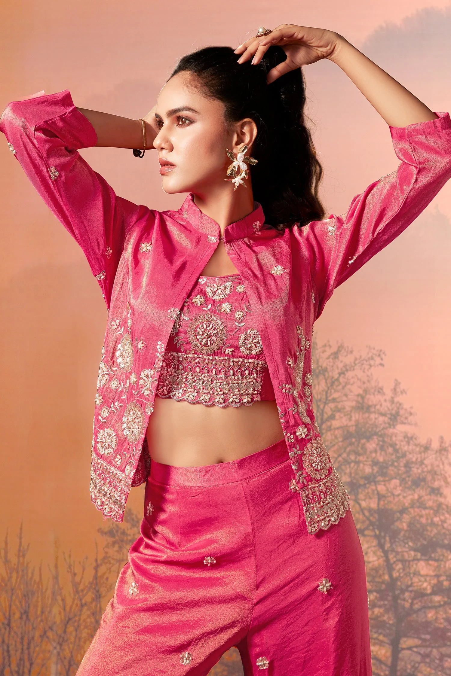 Pink Tissue Silk Crop Top Palazzo Set with Sequin Beaded Jacket - Image 4