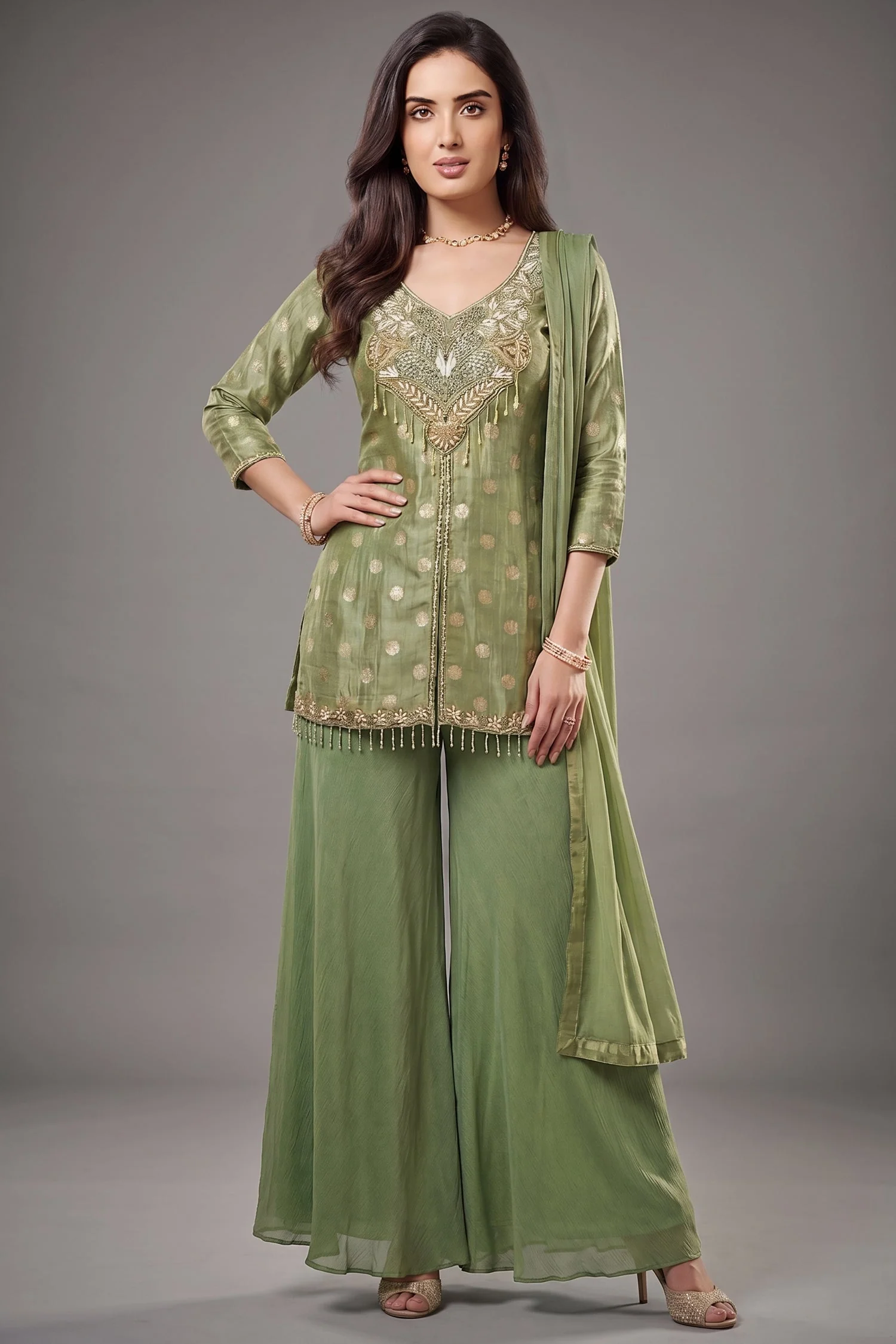 Pista Green Chinon Silk Woven and Mirror Worked Palazzo Suit