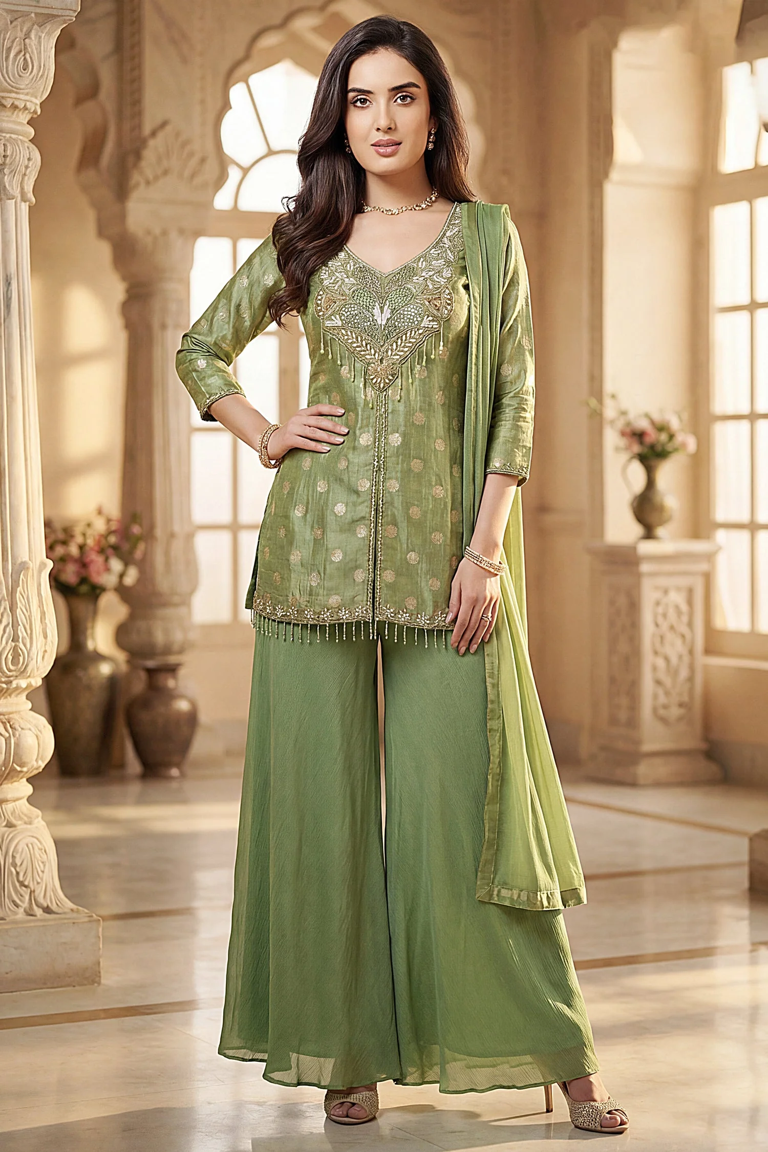 Pista Green Chinon Silk Woven and Mirror Worked Palazzo Suit - Image 3