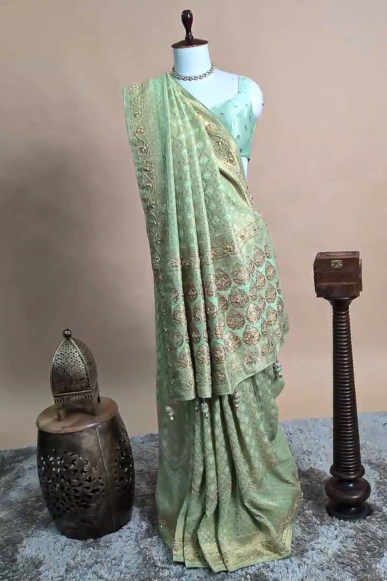 Pista Green Georgette Traditional Bandhej Saree with Cutdana and Bead Work - Image 2