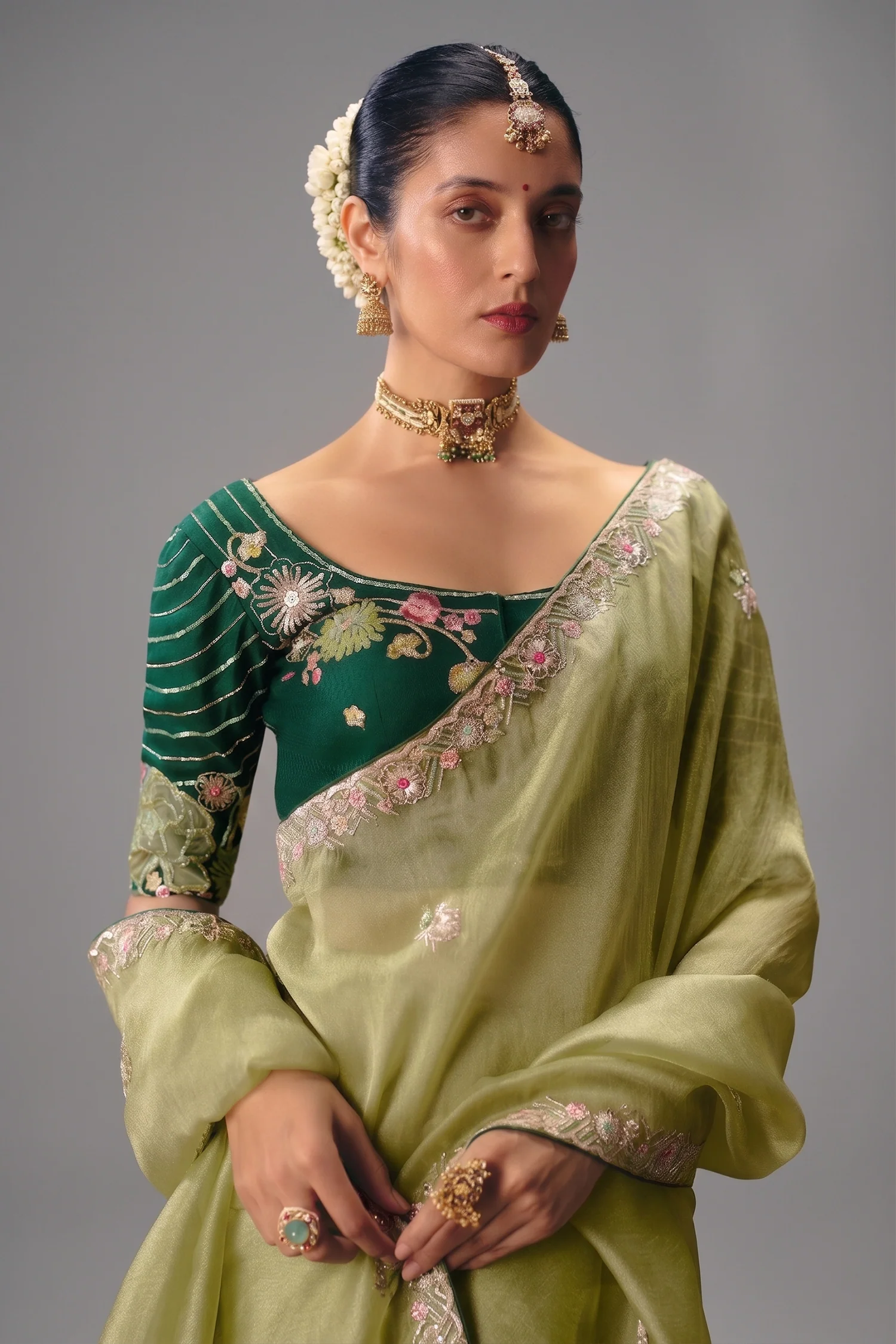 Pista Green Viscose Chiffon Saree With Floral Embroidery And Zari Border - Image 2