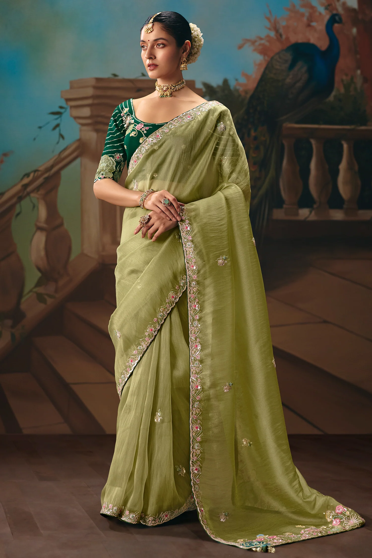 Pista Green Viscose Chiffon Saree With Floral Embroidery And Zari Border - Image 3