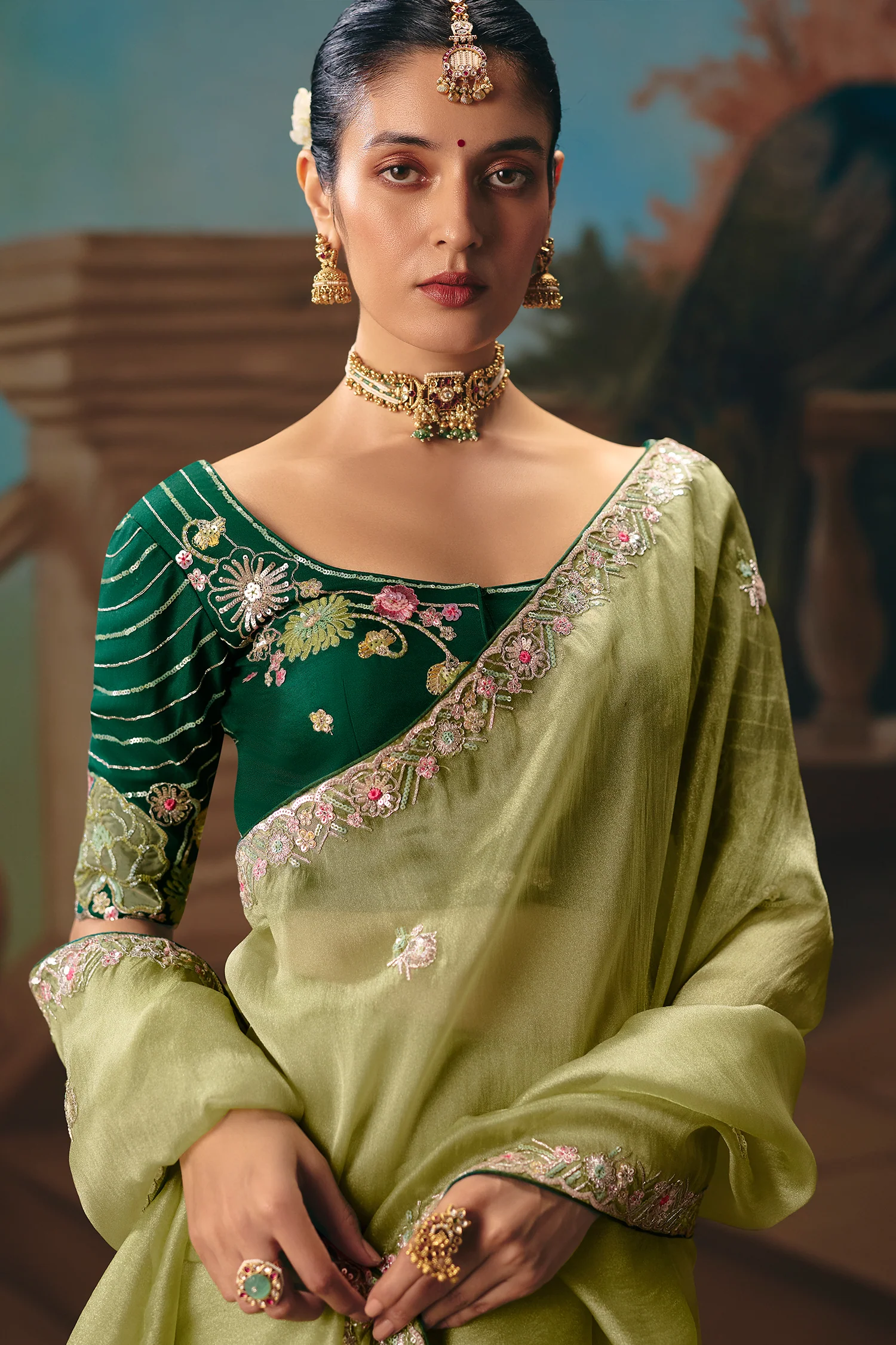 Pista Green Viscose Chiffon Saree With Floral Embroidery And Zari Border - Image 4