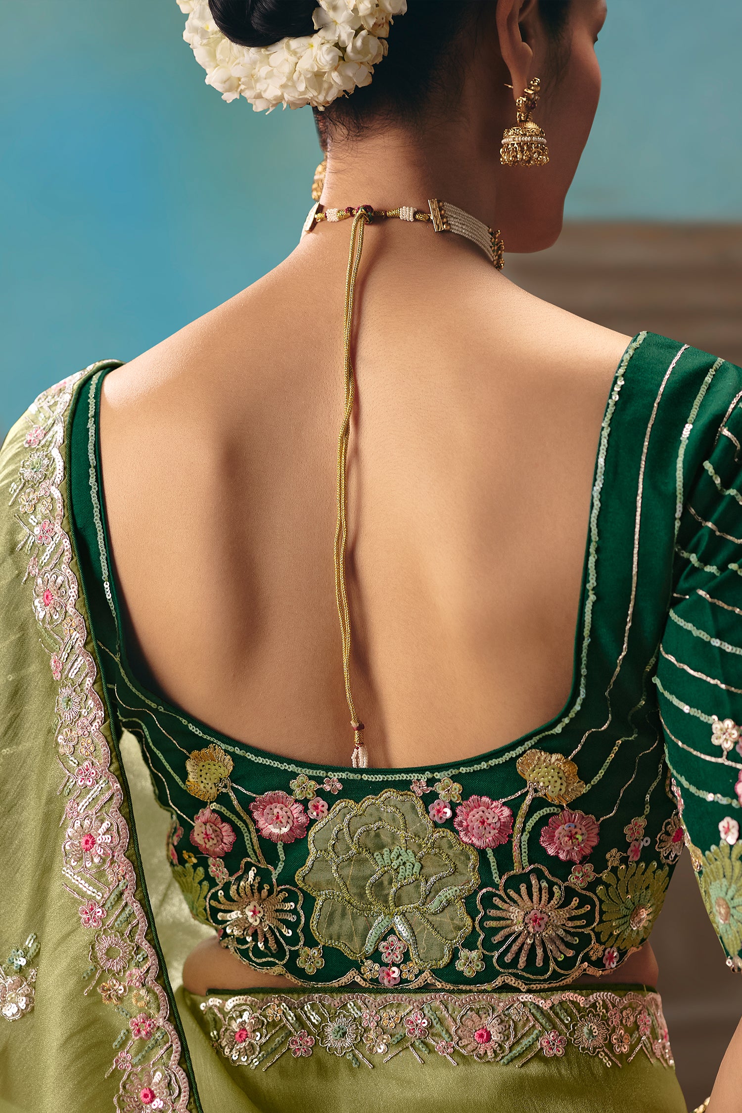 Pista Green Viscose Chiffon Saree With Floral Embroidery And Zari Border - Image 5