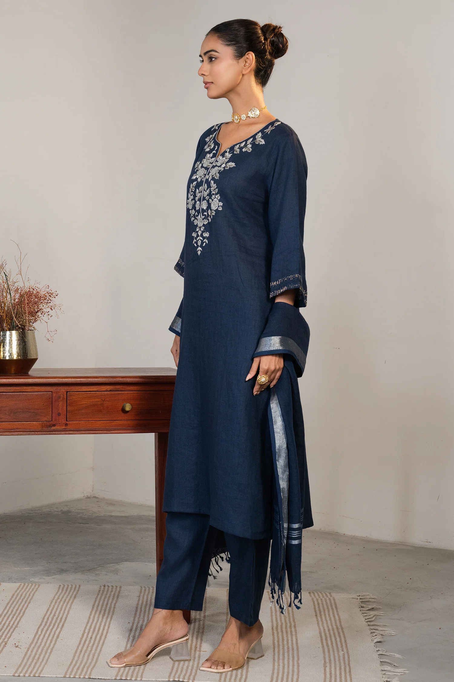 Prussian Blue Cotton Embroidery and Cutdana Work Kurti Set - Image 2