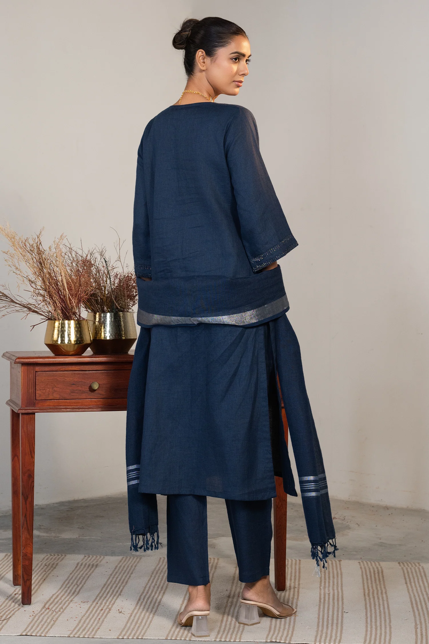 Prussian Blue Cotton Embroidery and Cutdana Work Kurti Set - Image 4