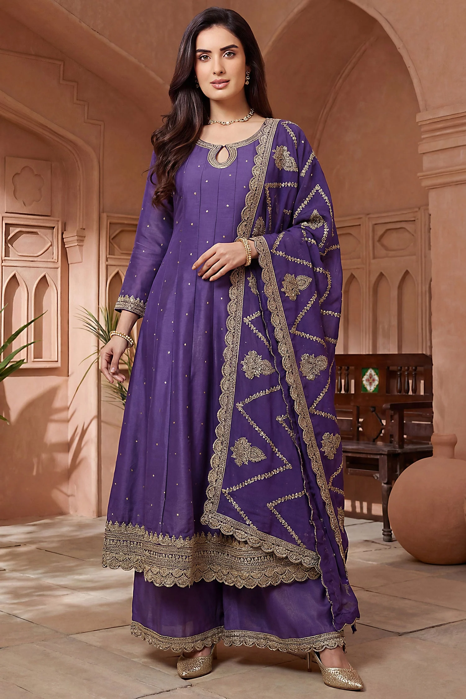 Purple Art Silk Embroidered Anarkali Palazzo Suit - Image 2