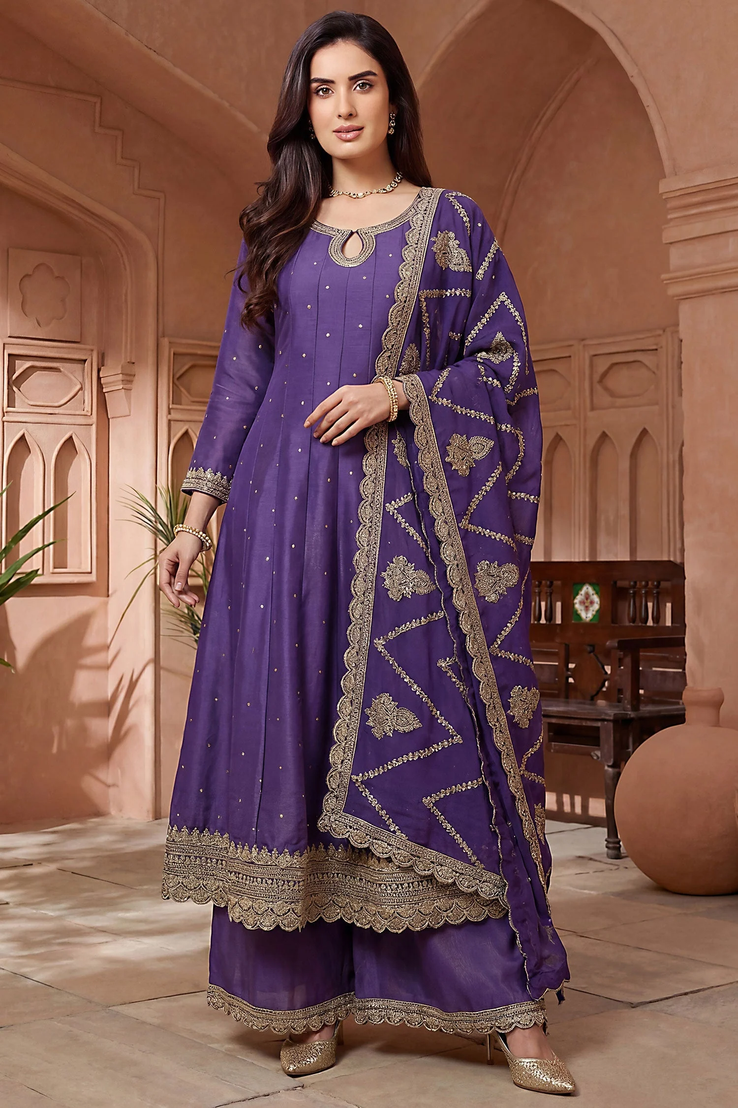 Purple Art Silk Embroidered Anarkali Palazzo Suit - Image 3