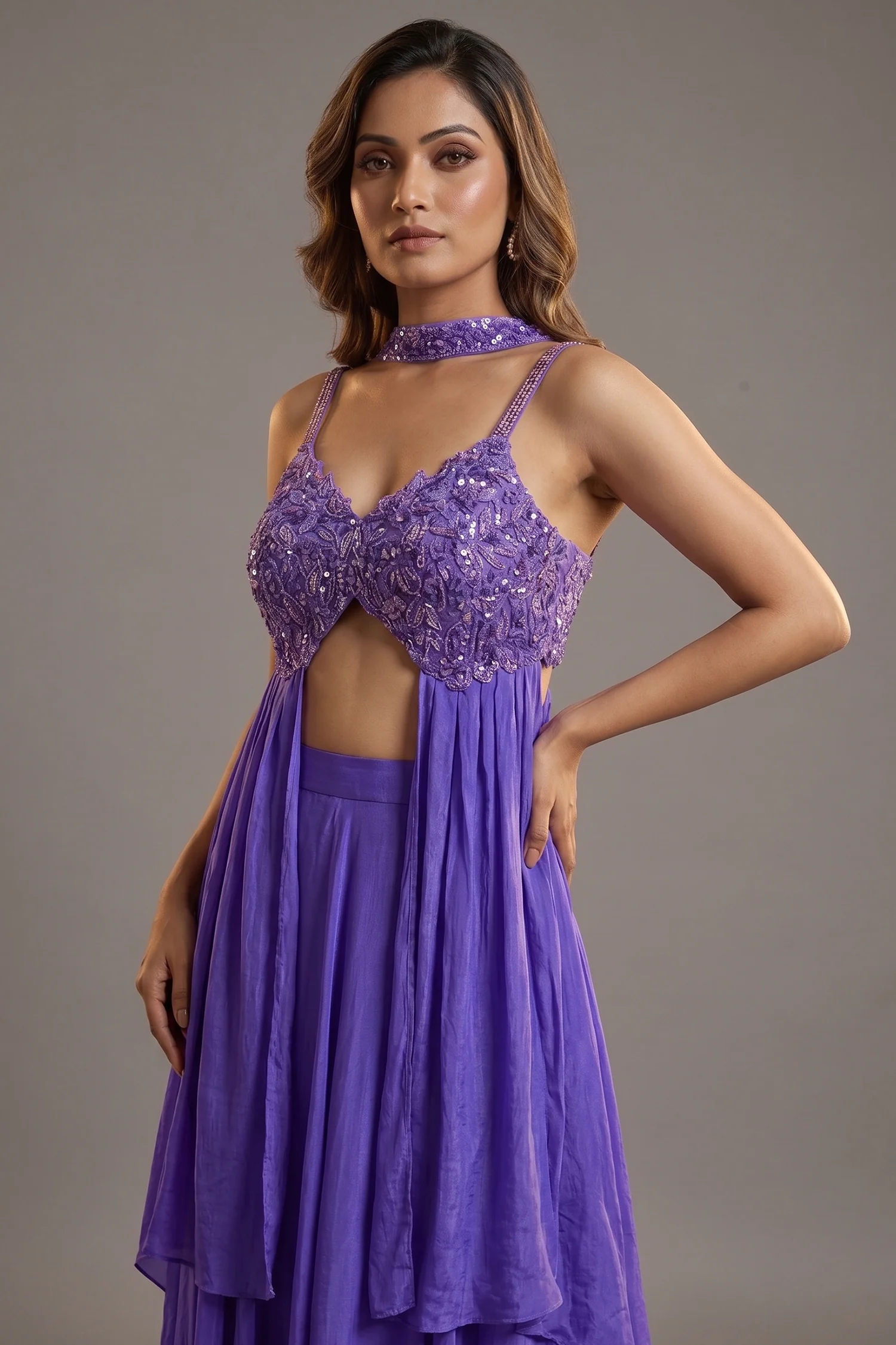 Purple Crepe Net Silk Sequin Beaded High Slit Cut Palazzo Suit - Image 2