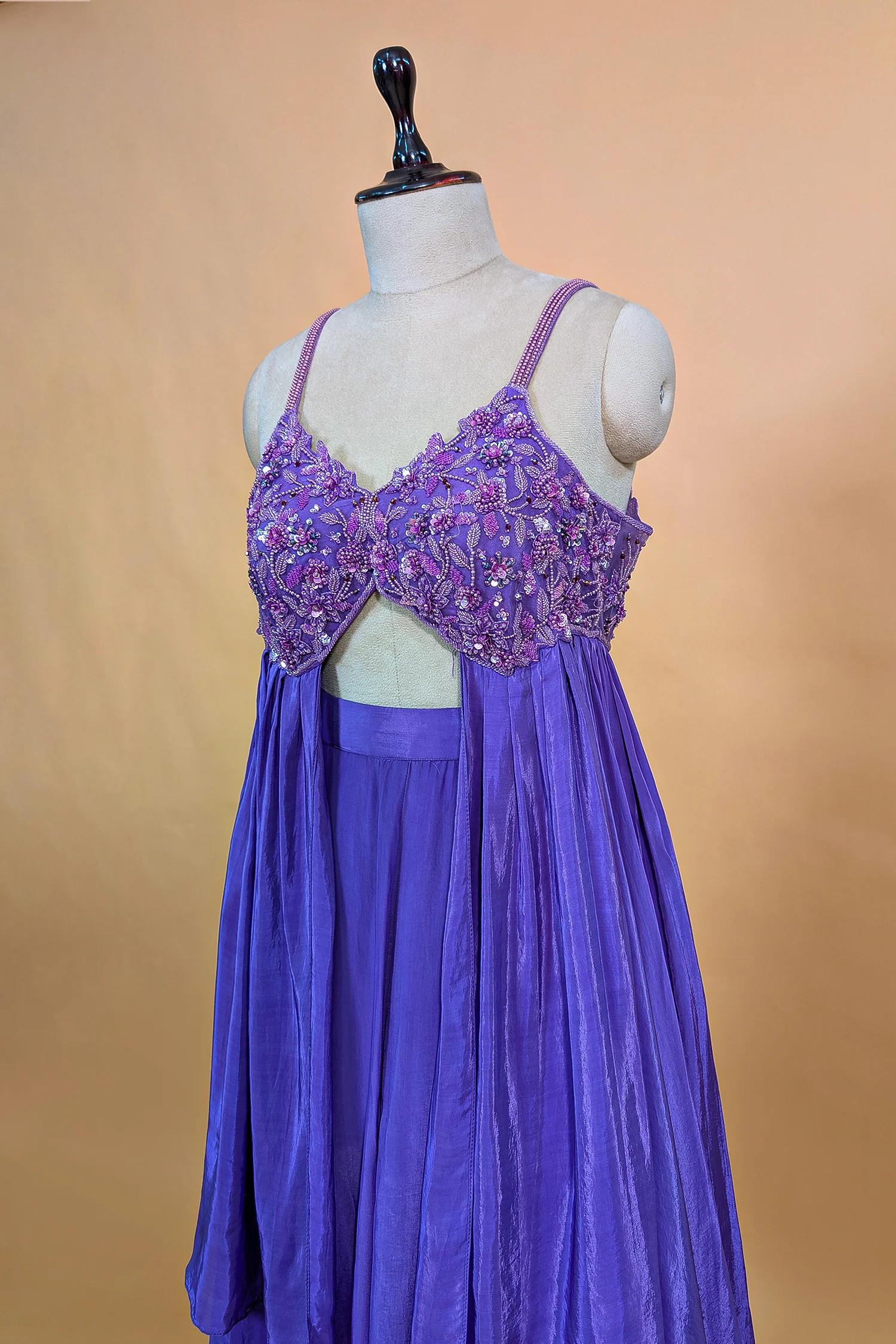 Purple Crepe Net Silk Sequin Beaded High Slit Cut Palazzo Suit - Image 4