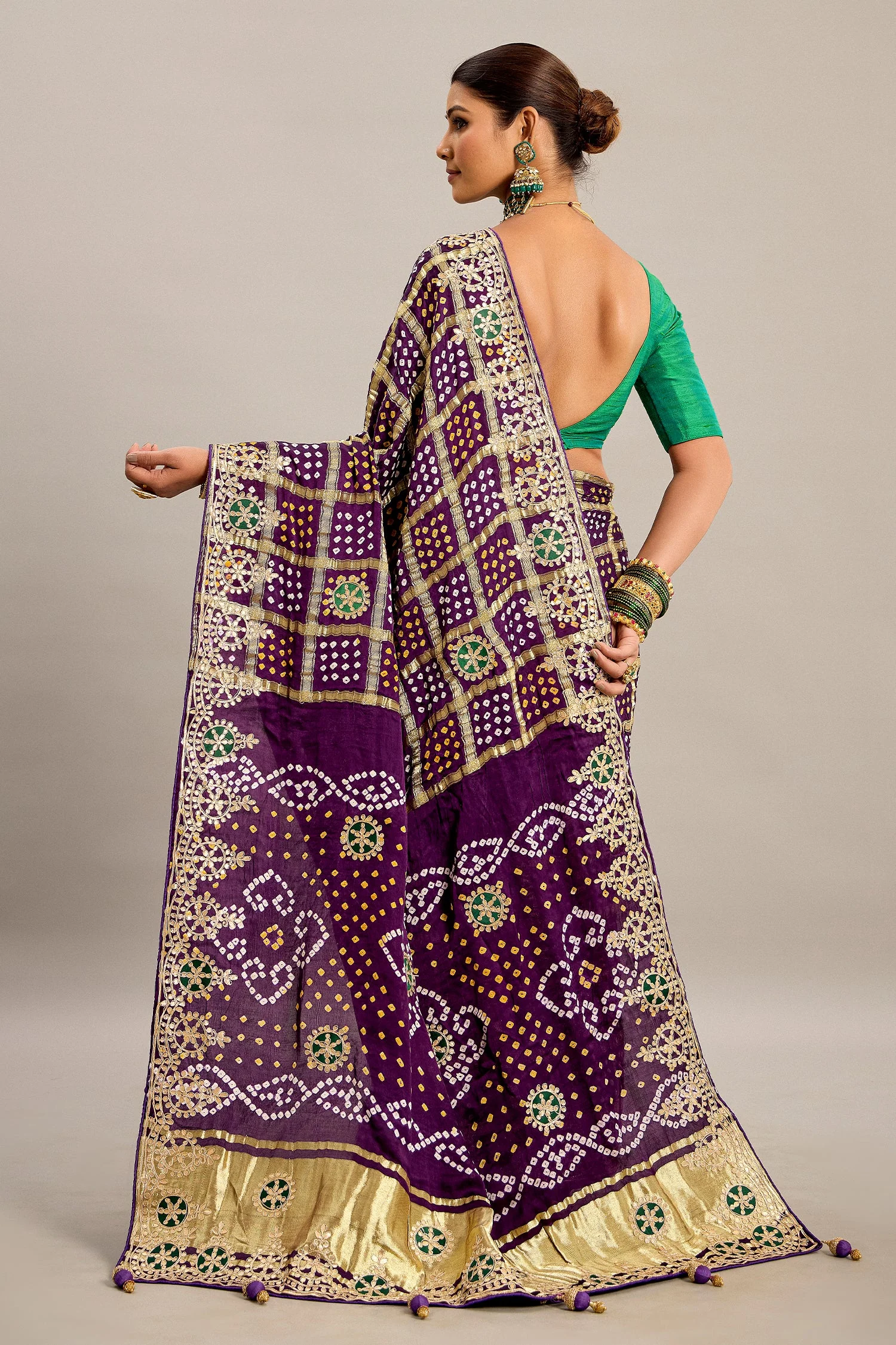 Purple Gaji Silk Checks Bandhej Saree with Pitta Work - Image 3
