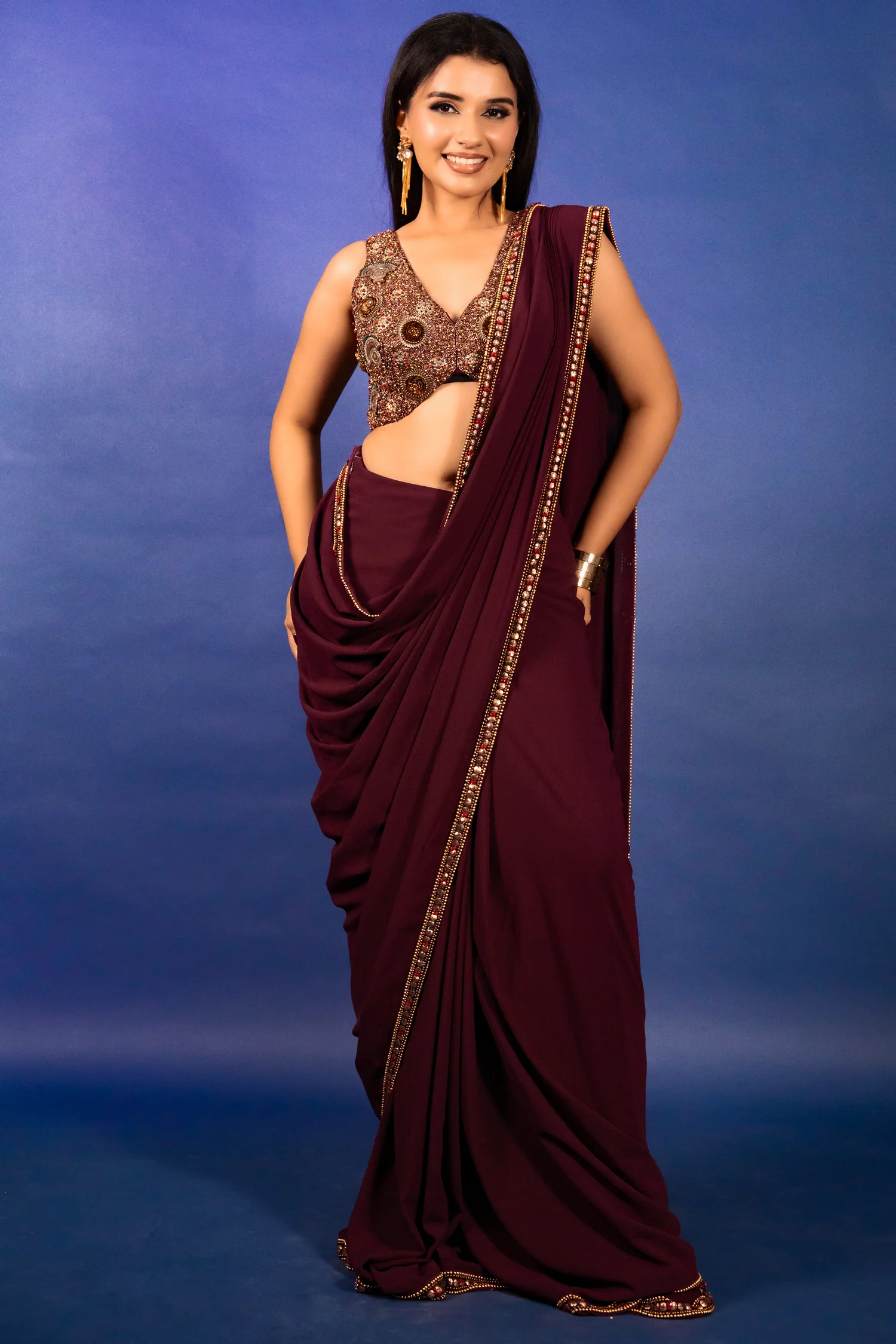 Purple Georgette Crepe Pre Draped Saree with Metallic Work Blouse - Image 3