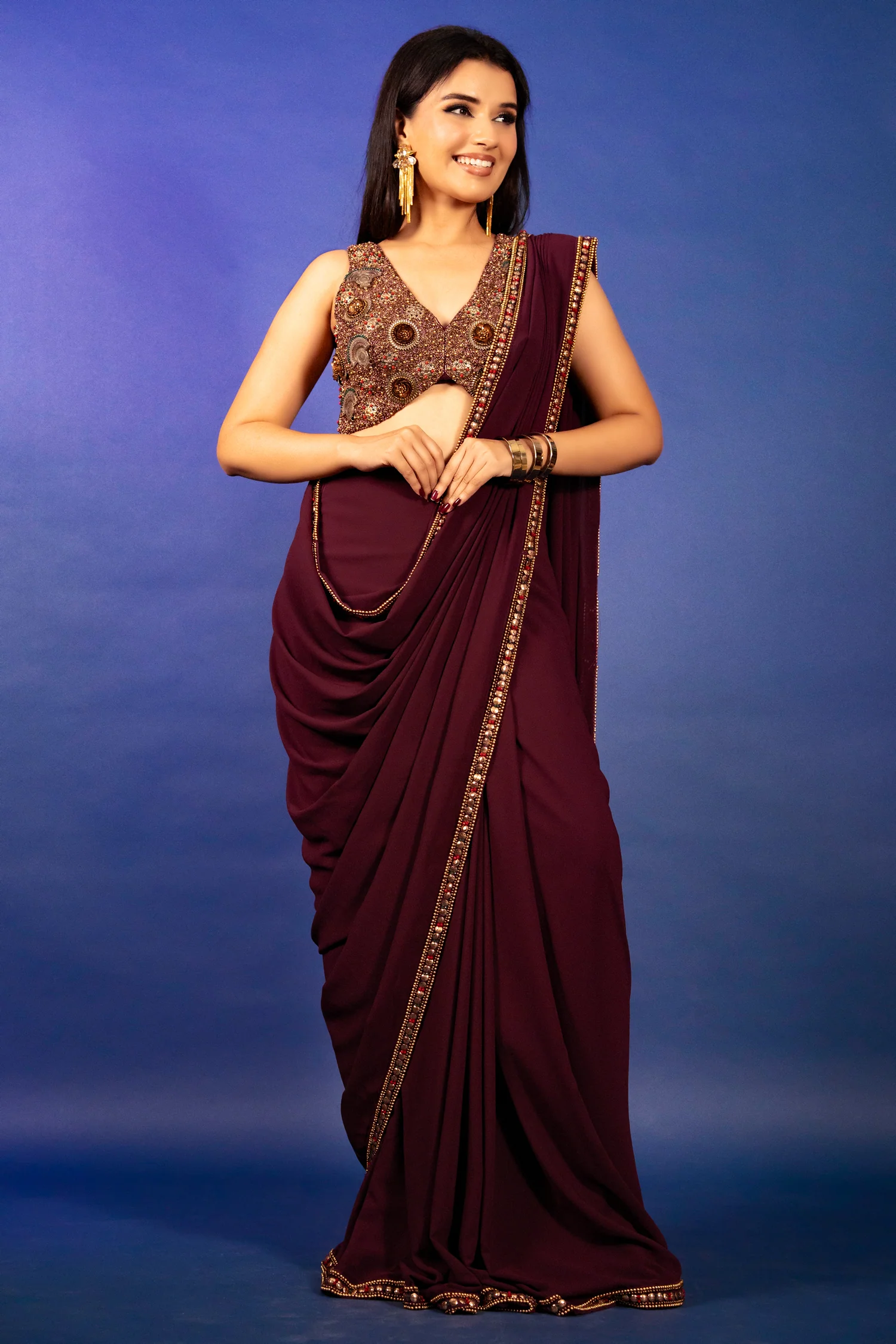 Purple Georgette Crepe Pre Draped Saree with Metallic Work Blouse - Image 4