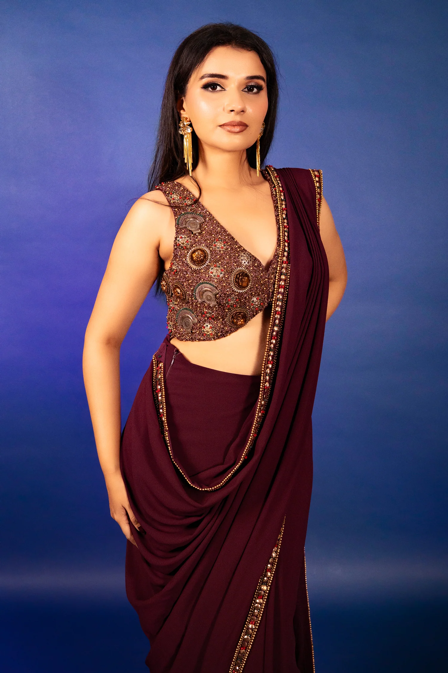 Purple Georgette Crepe Pre Draped Saree with Metallic Work Blouse - Image 5