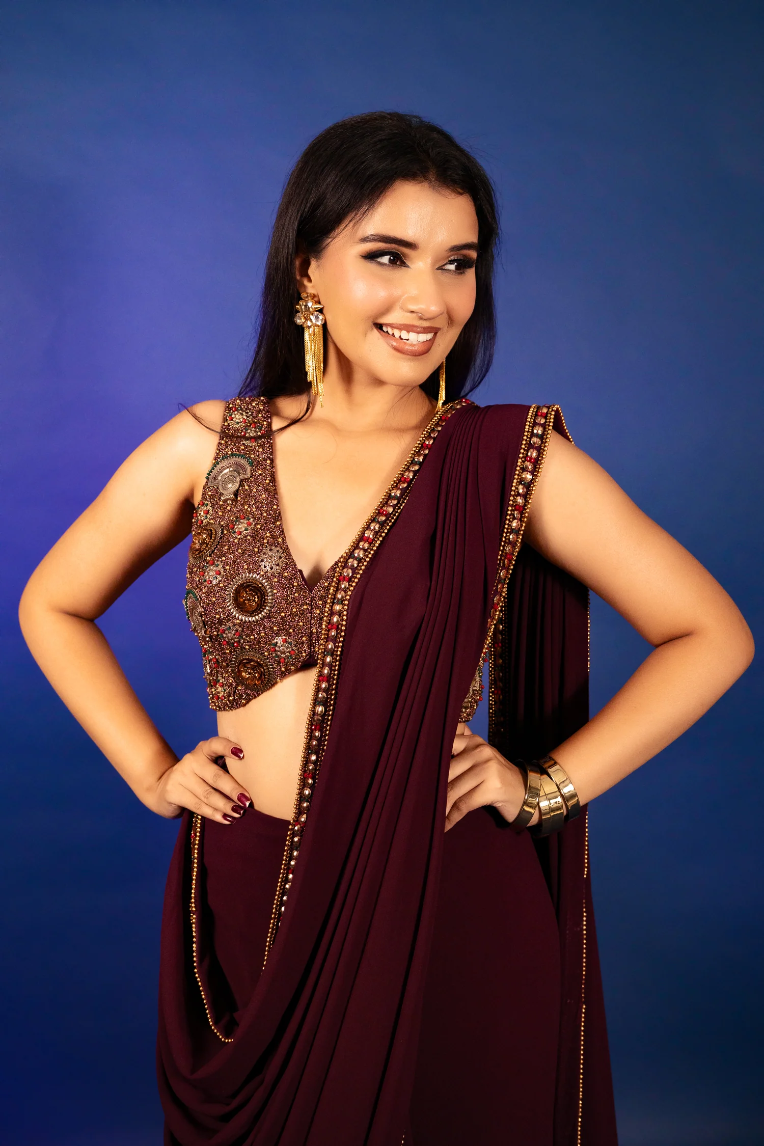 Purple Georgette Crepe Pre Draped Saree with Metallic Work Blouse - Image 6