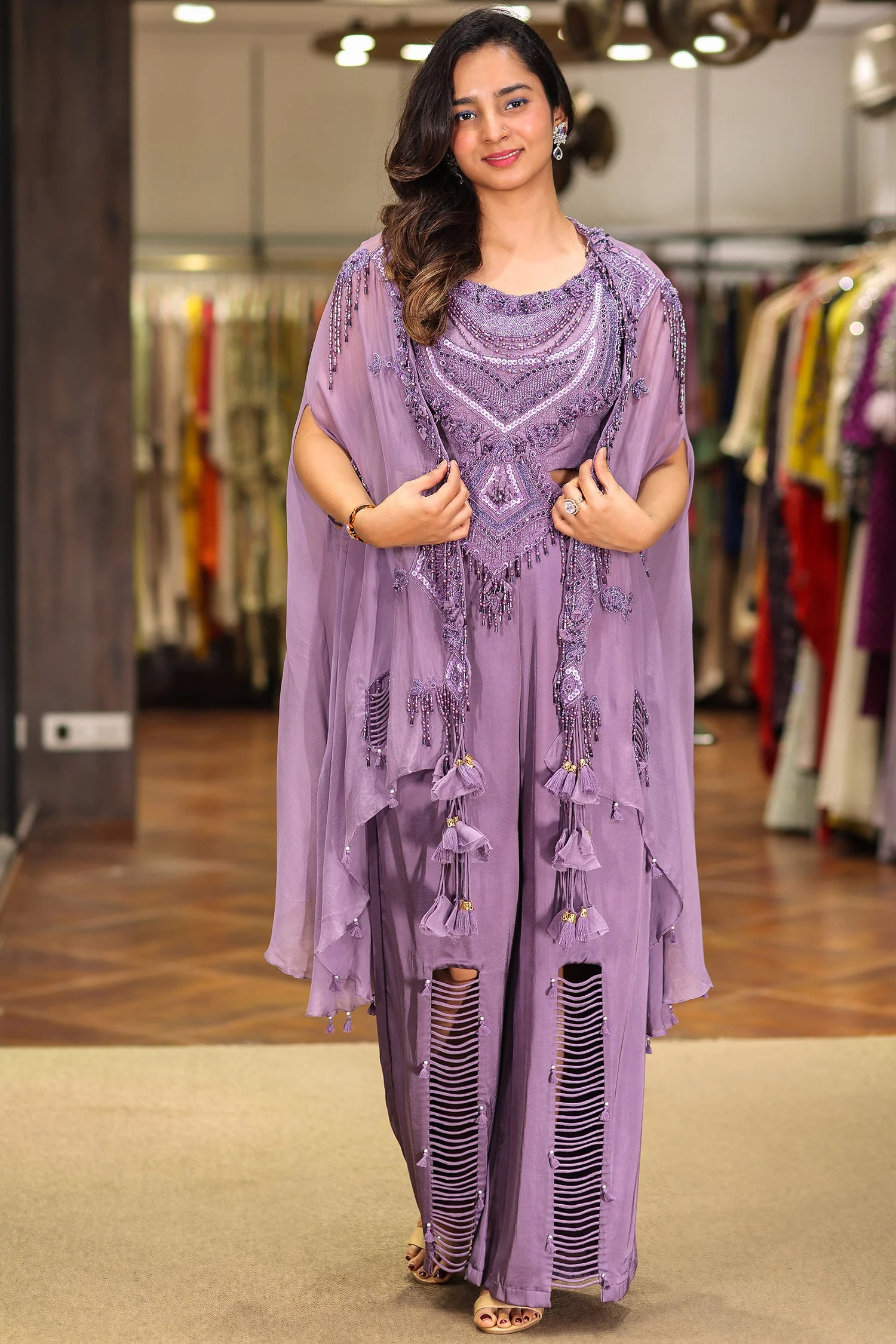 Purple Raw Silk Designer Heavy Worked Crop Top Palazzo with Jacket - Image 2