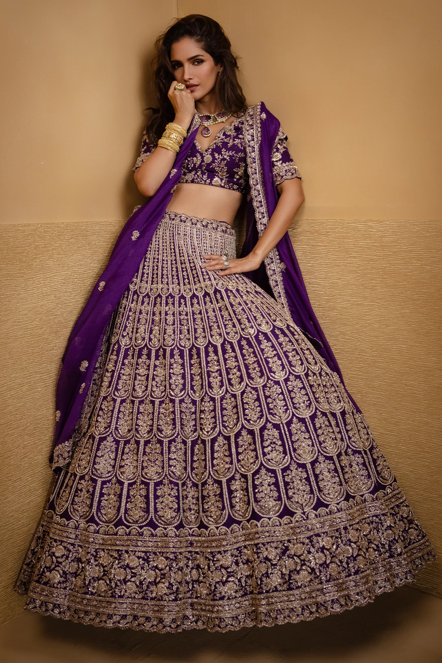 Purple Raw Silk Scallop Jaal Designer Handworked Lehenga with V Neck Blouse - Image 2