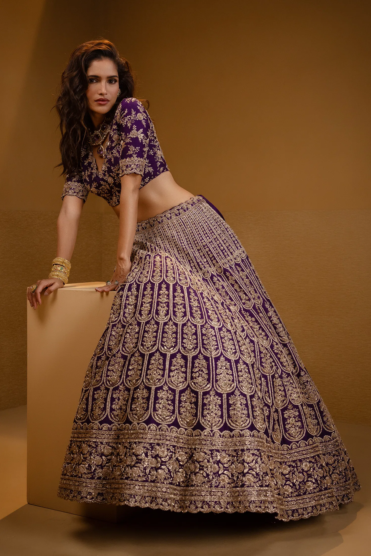 Purple Raw Silk Scallop Jaal Designer Handworked Lehenga with V Neck Blouse - Image 5