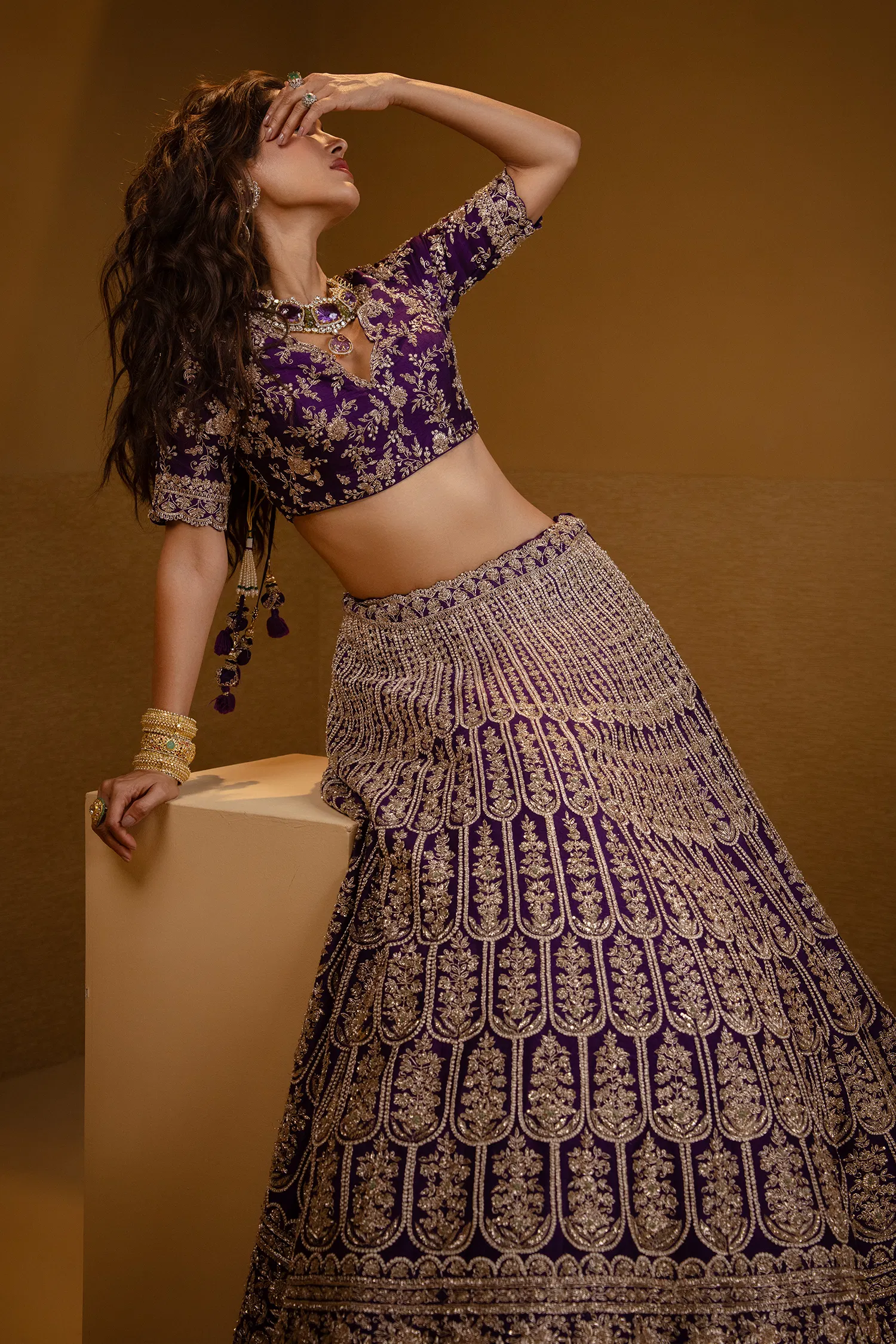 Purple Raw Silk Scallop Jaal Designer Handworked Lehenga with V Neck Blouse - Image 6