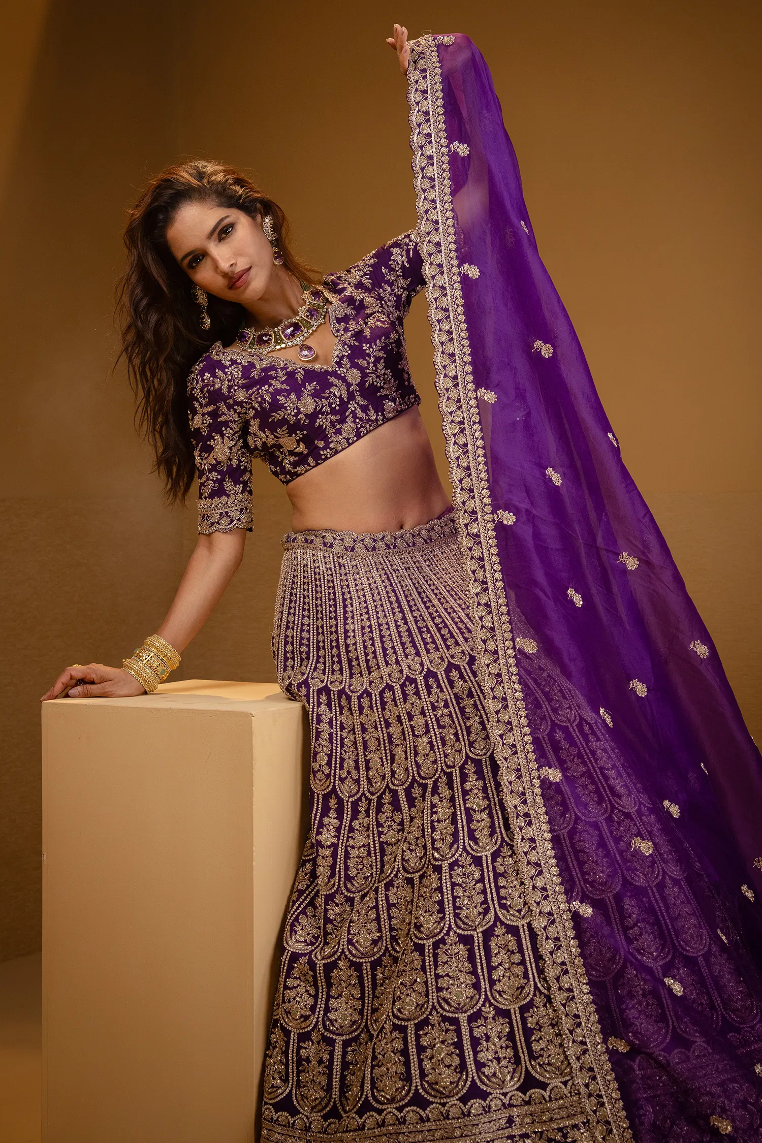 Purple Raw Silk Scallop Jaal Designer Handworked Lehenga with V Neck Blouse - Image 7