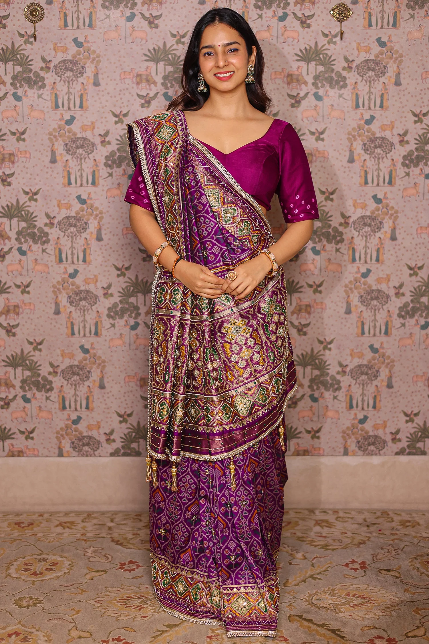 Purple Silk Traditional Woven Patola Saree with Cutdana and Beads Work - Image 2