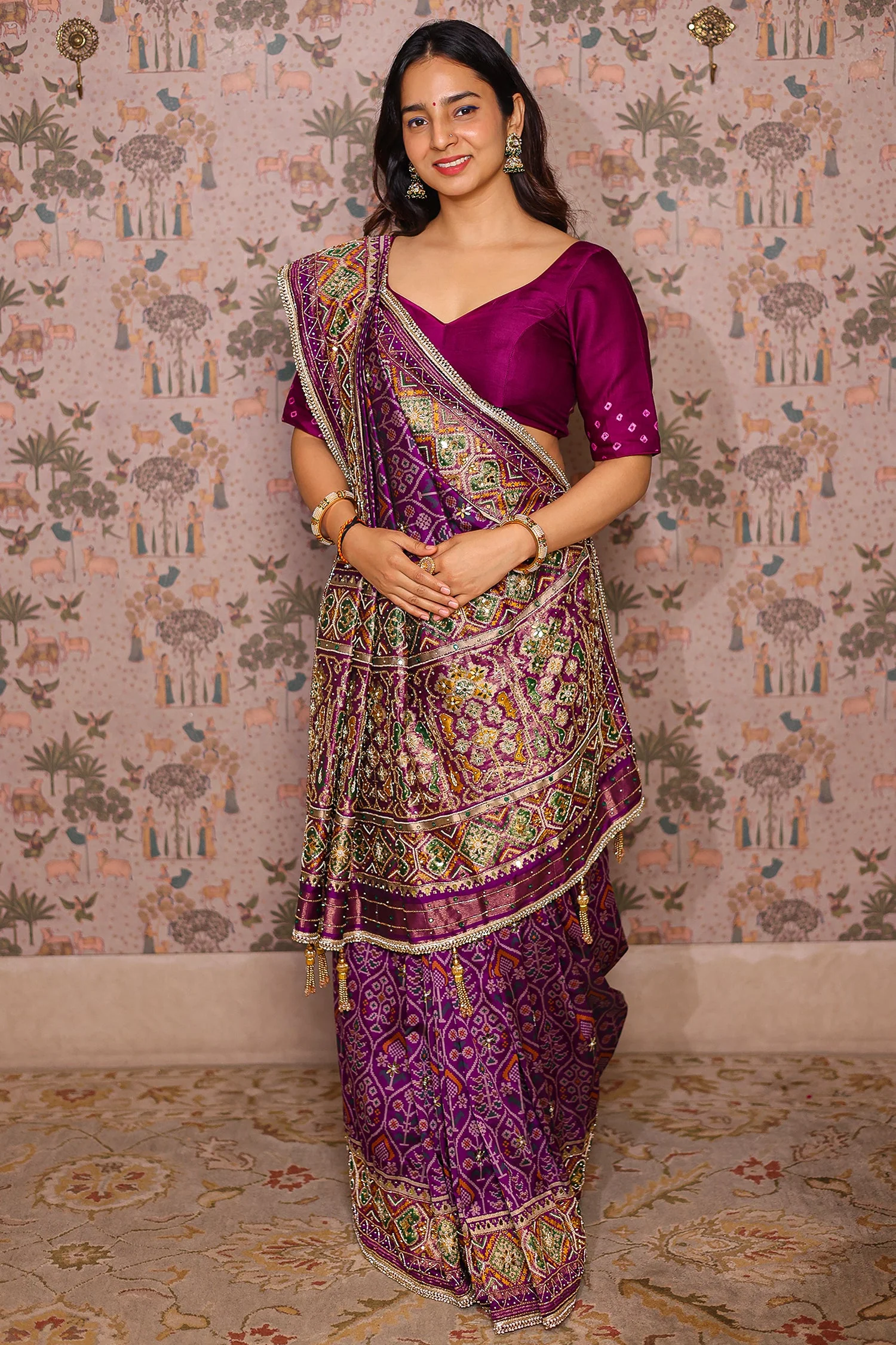 Purple Silk Traditional Woven Patola Saree with Cutdana and Beads Work - Image 3