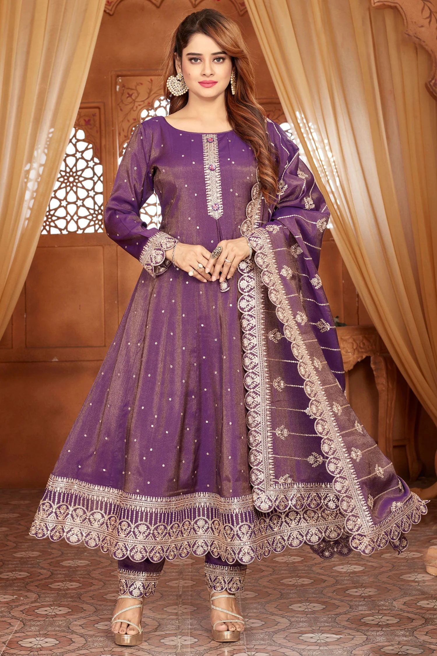 Purple Two Toned Tissue Sequin Embroidered Anarkali Suit - Image 2