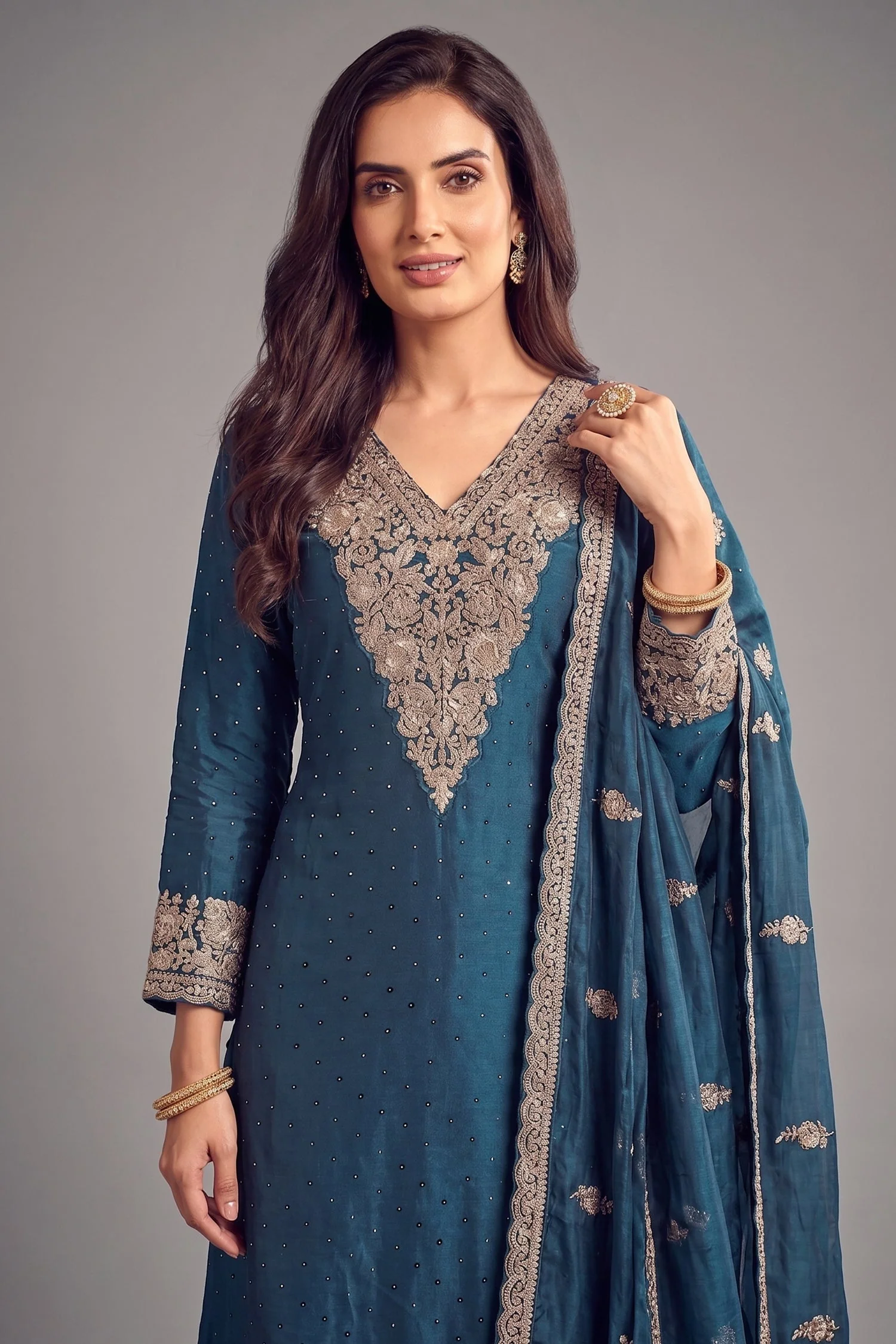 Rama Blue Art Silk Embroidered Palazzo Suit - Image 2