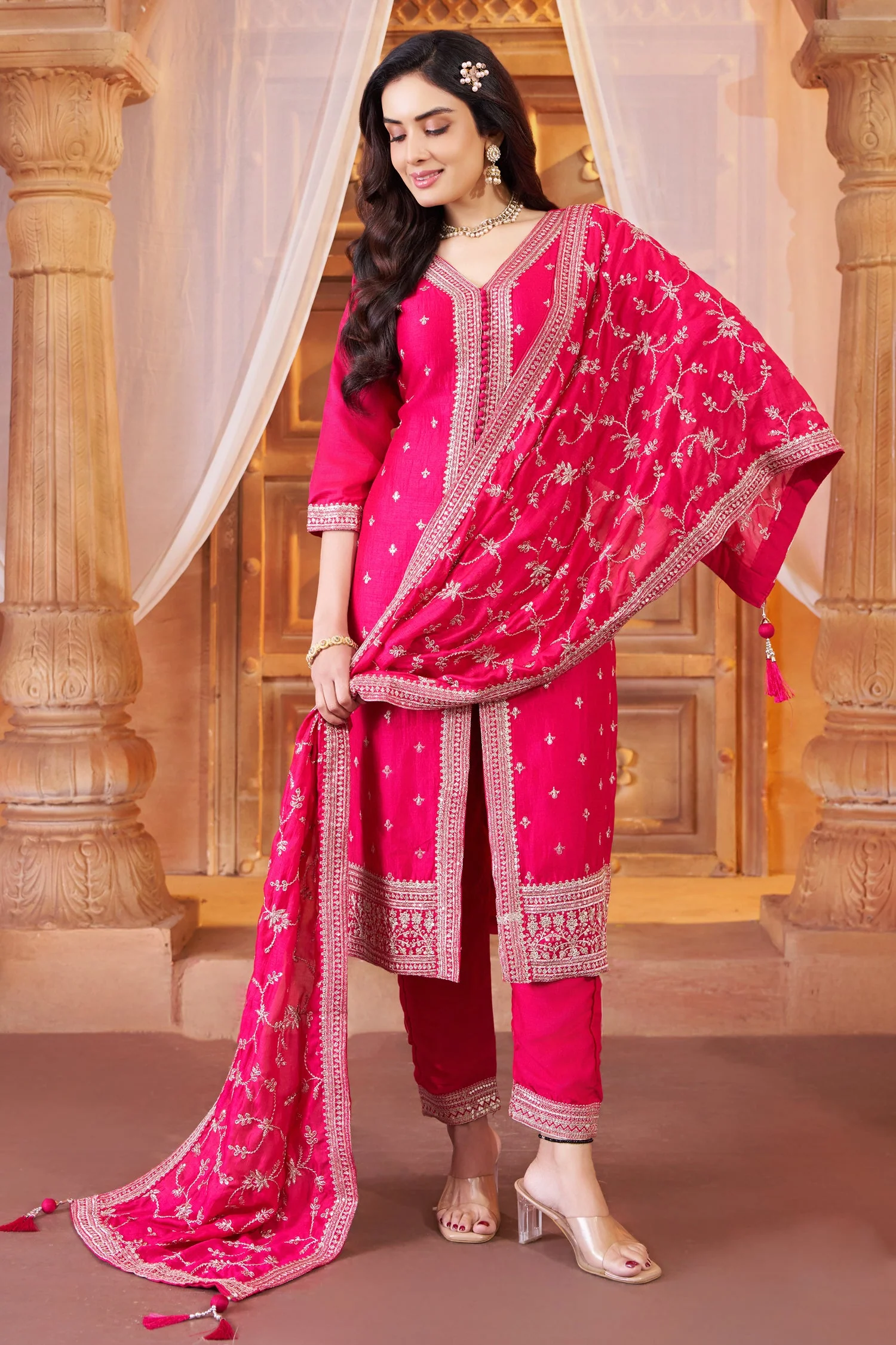 Rani Pink Art Silk Sequin Embroidered Straight Cut Suit - Image 3