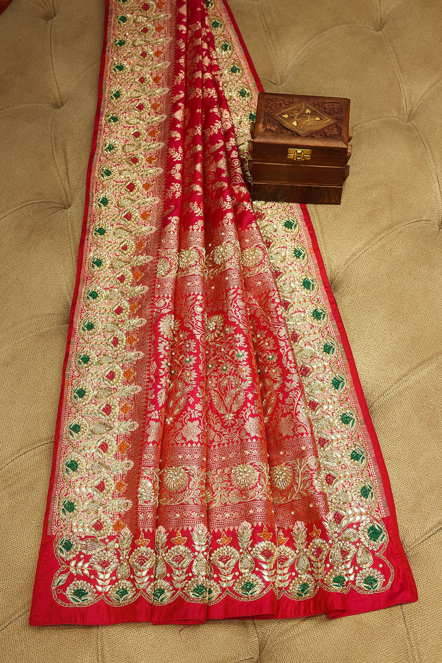 Rani Pink Banarasi Silk All Over Woven Saree with Handwork - Image 3