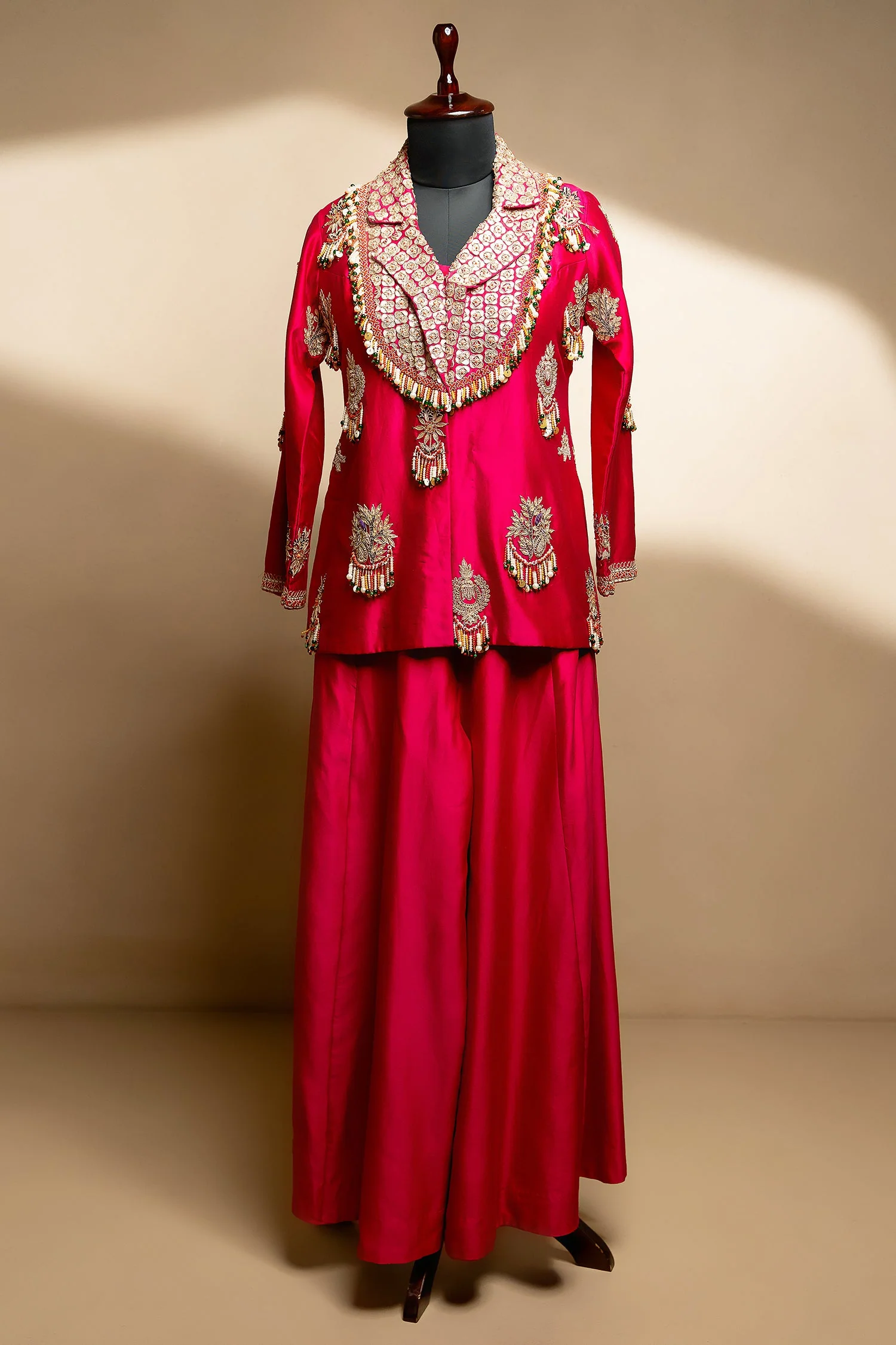 Rani Pink Satin Silk Gota Worked and Sequin Beaded Worked Indo Western Set - Image 2