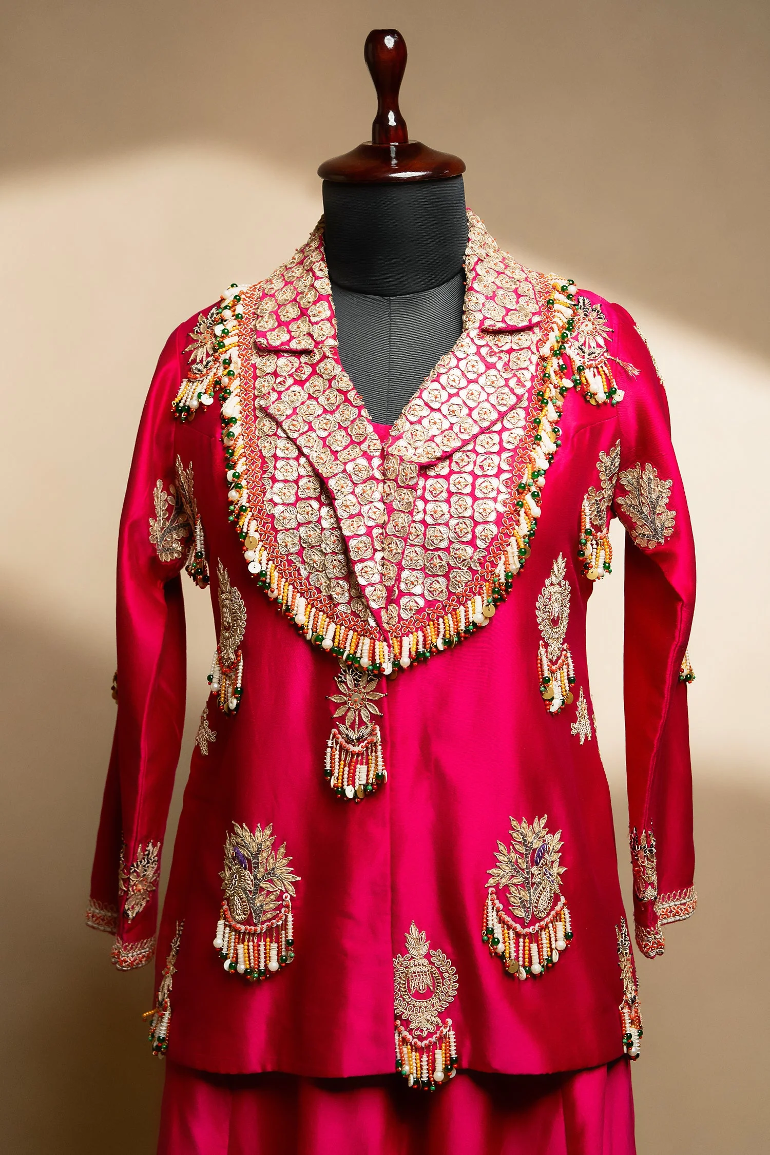 Rani Pink Satin Silk Gota Worked and Sequin Beaded Worked Indo Western Set - Image 3