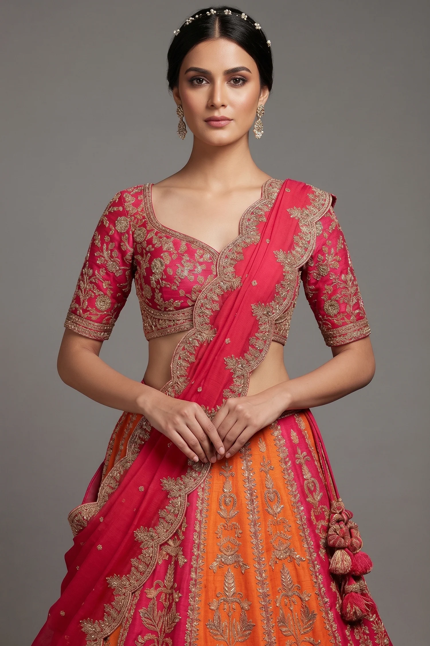 Red and Orange KD Dupion Silk Designer Bridal Lehenga - Image 2