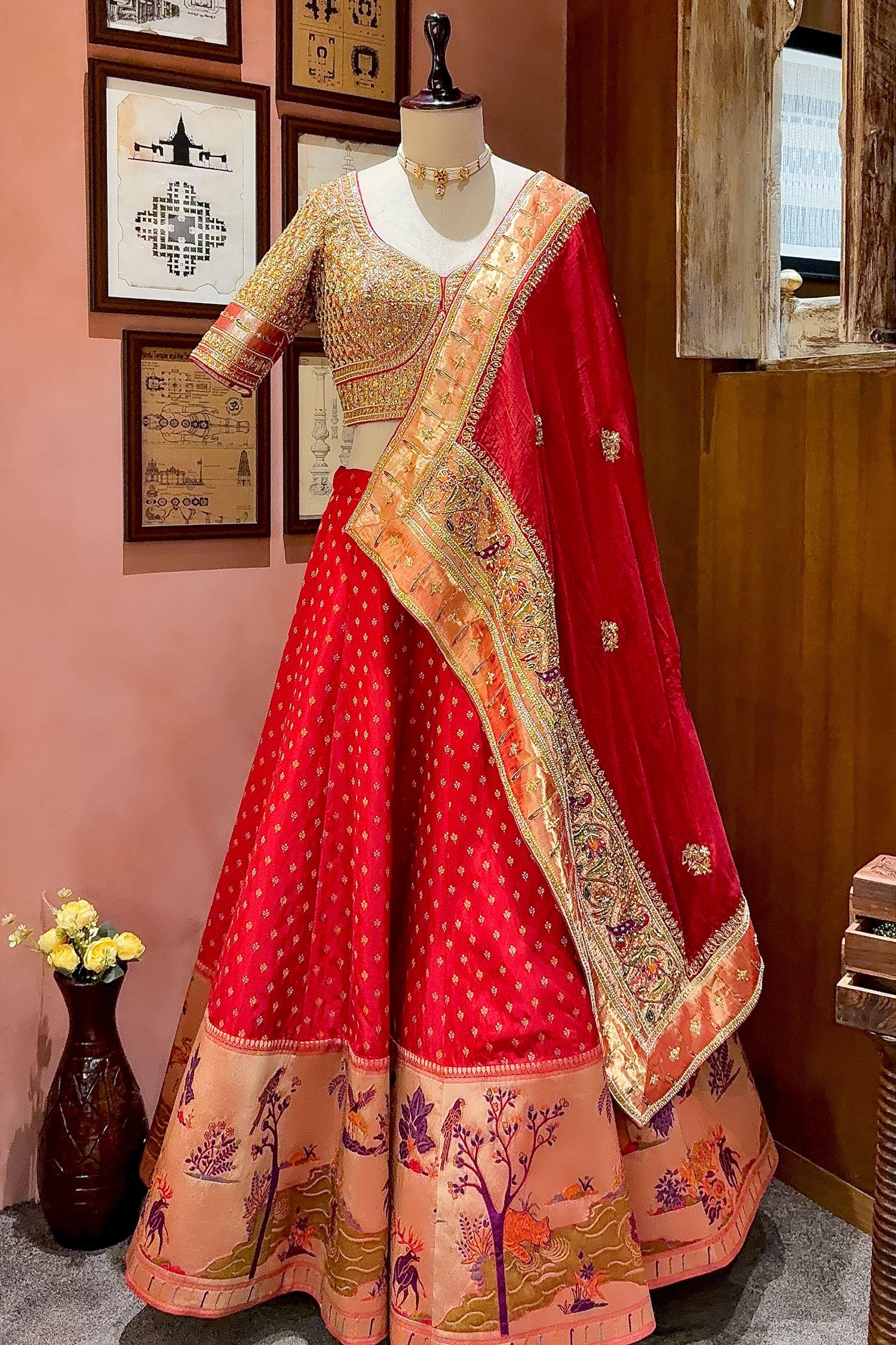 Red Banarasi Silk Woven Lehenga with Intricate Shikargah Weave Border - Image 3