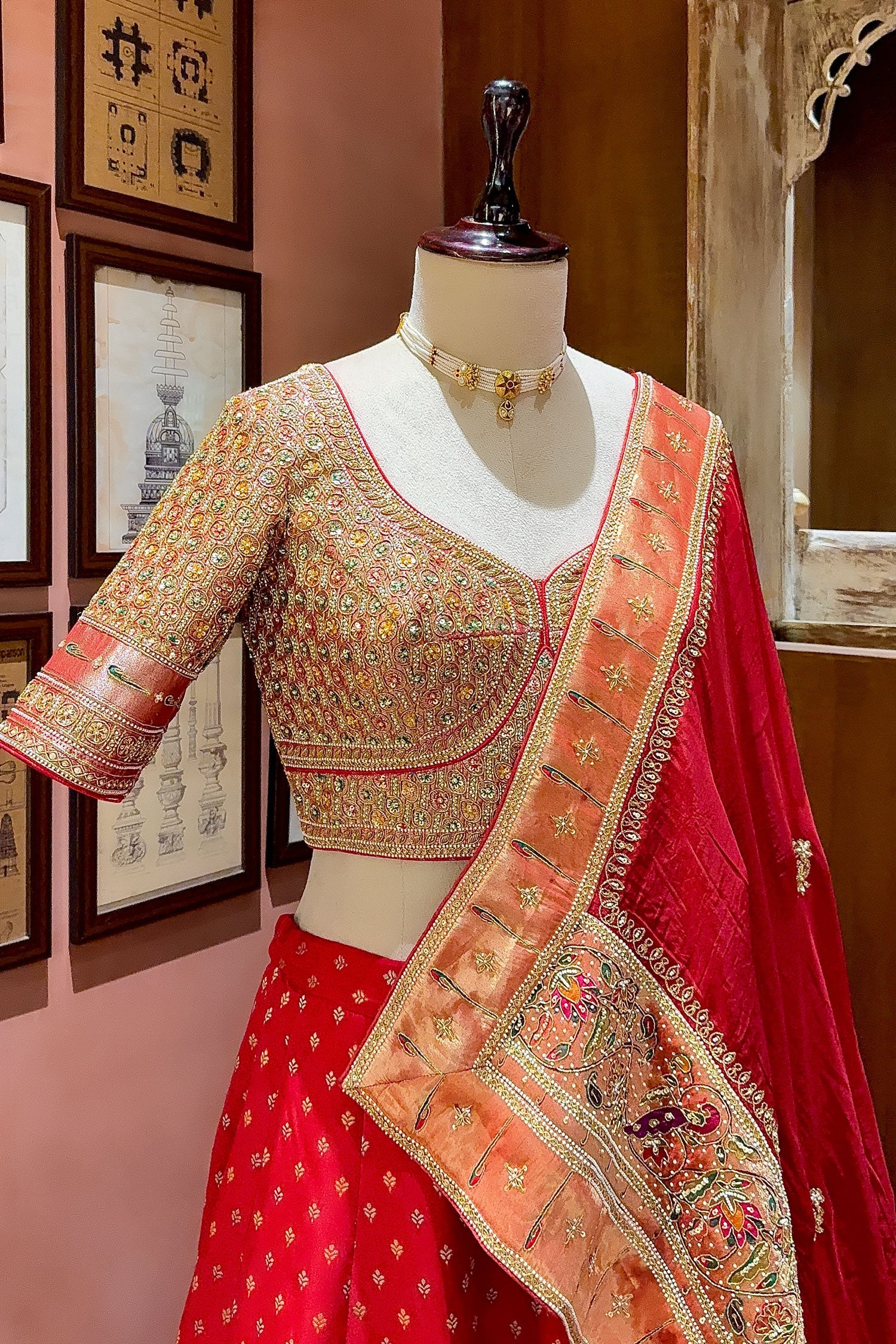 Red Banarasi Silk Woven Lehenga with Intricate Shikargah Weave Border - Image 6