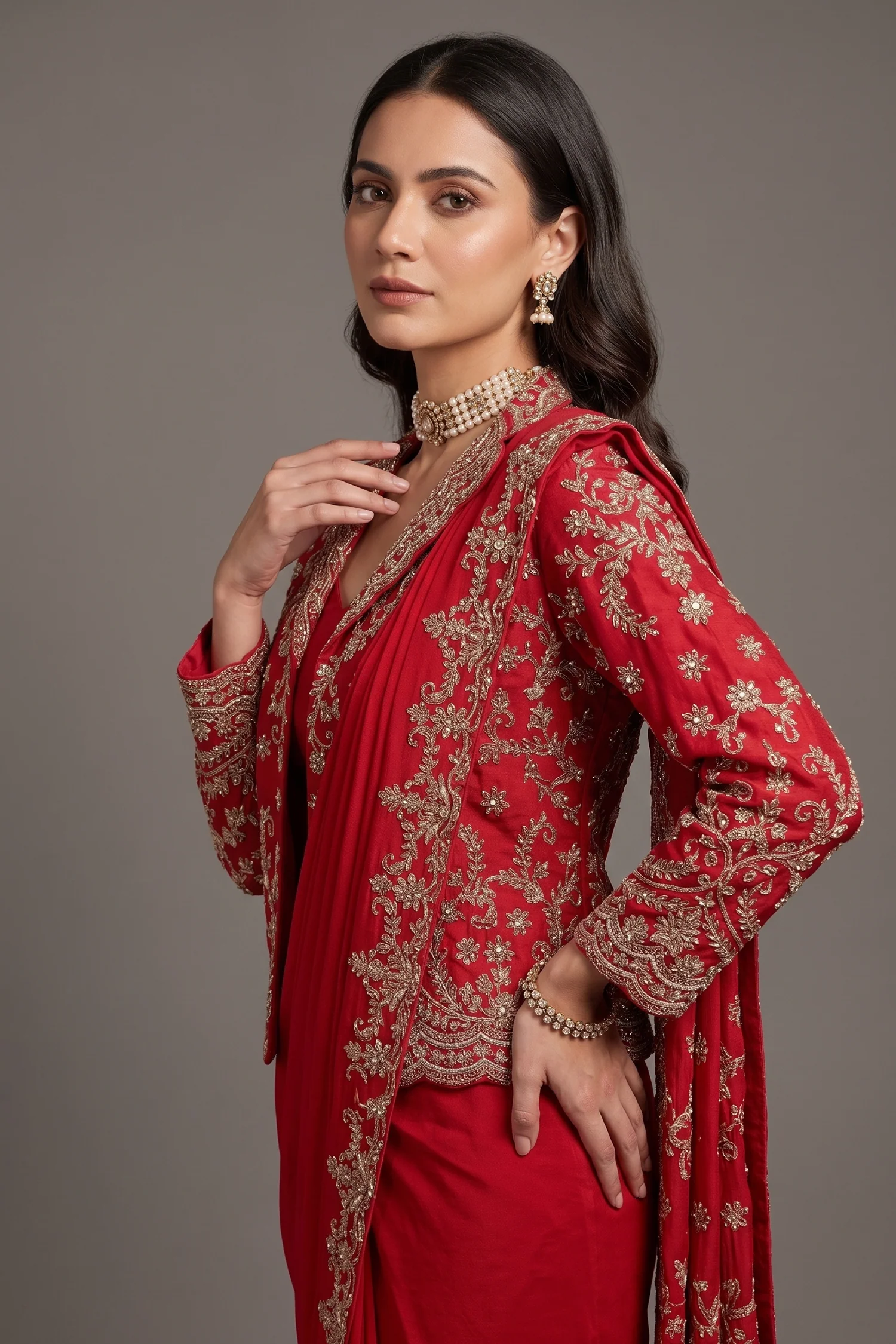 Red Chiffon Chinon Zardosi and Cutdana Worked Readymade Saree with Jacket - Image 2