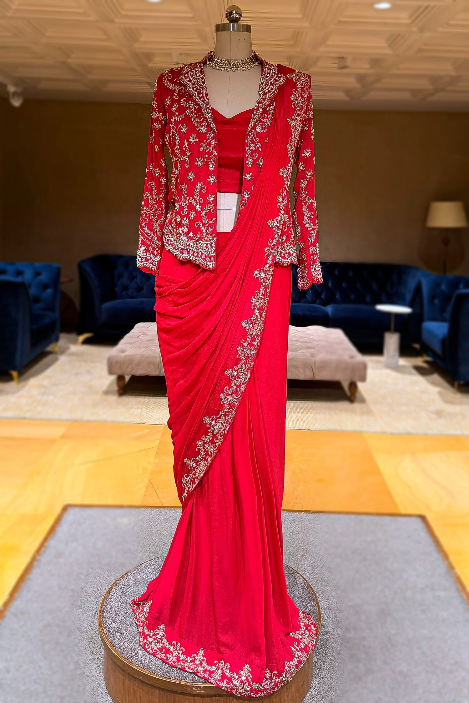 Red Chiffon Chinon Zardosi and Cutdana Worked Readymade Saree with Jacket - Image 3