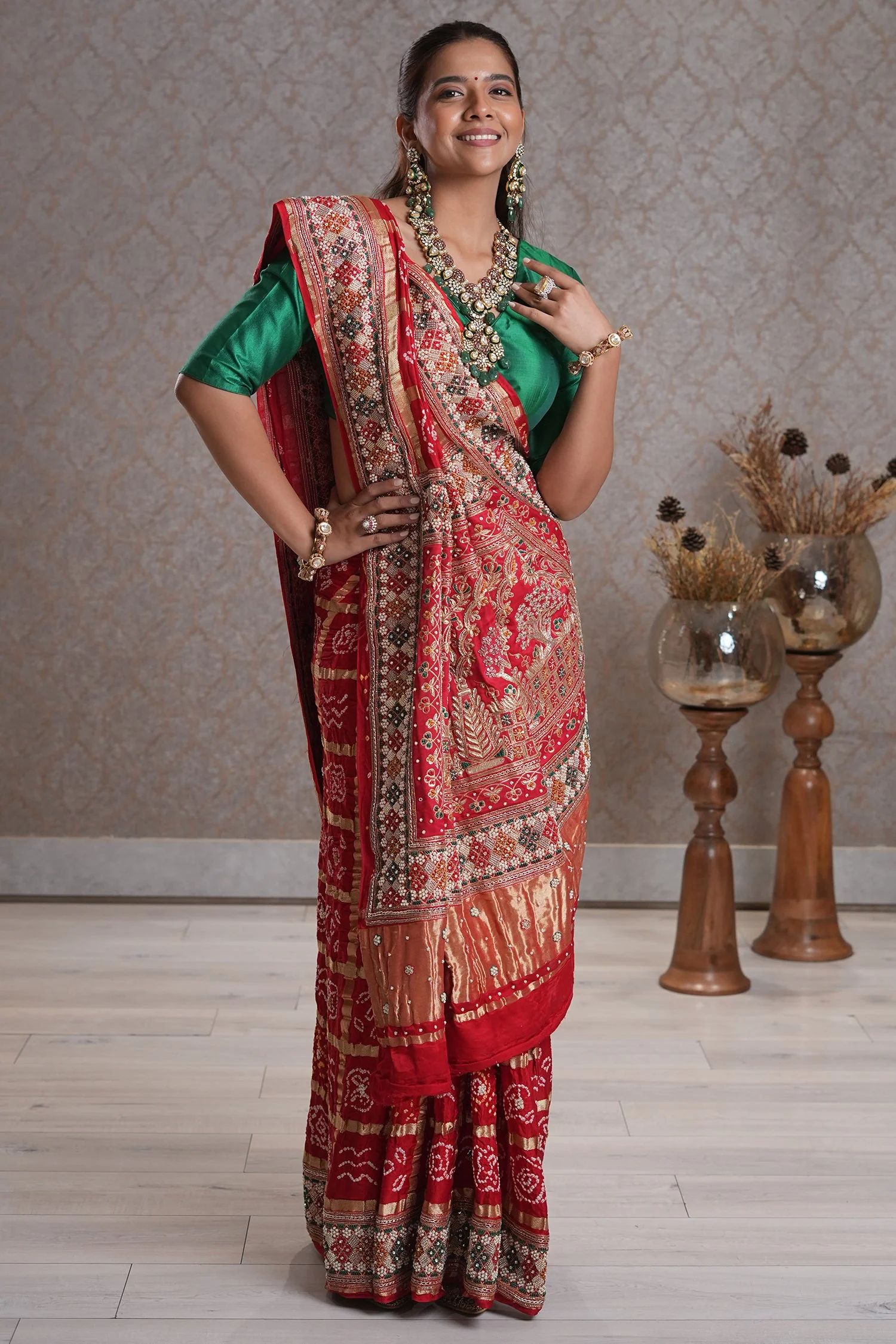 Red Cotton Traditional Checks Gharchola Saree with Handwork - Image 3