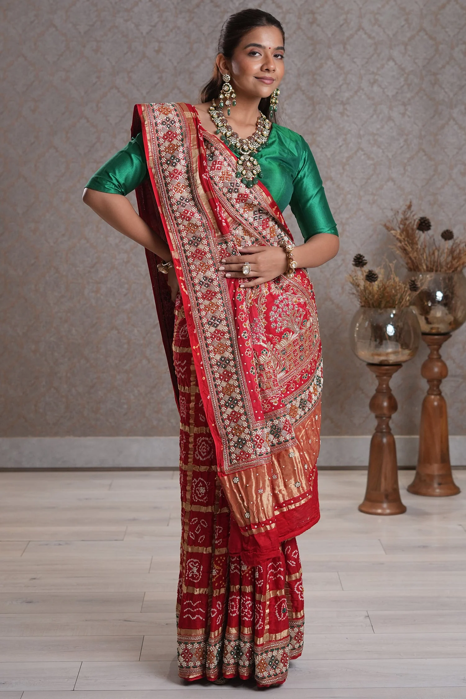 Red Cotton Traditional Checks Gharchola Saree with Handwork - Image 4