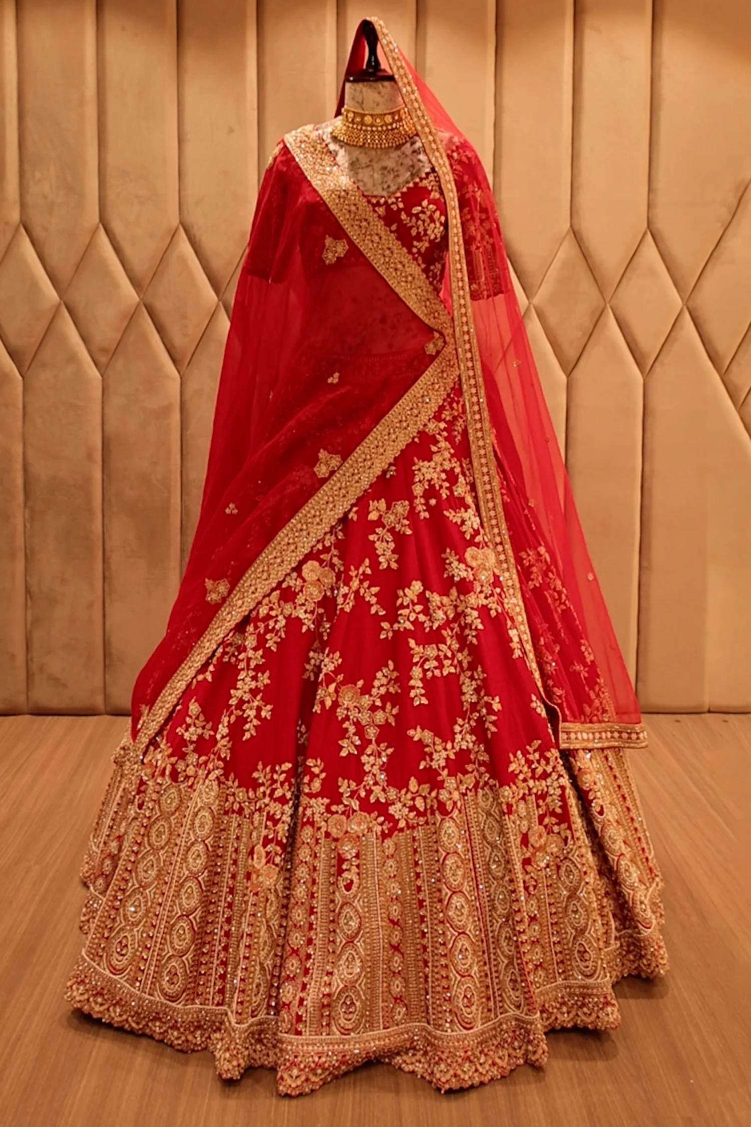 Red KD Dupion Silk Designer Bridal Floral Sequin Embroidered Bridal Lehenga - Image 3