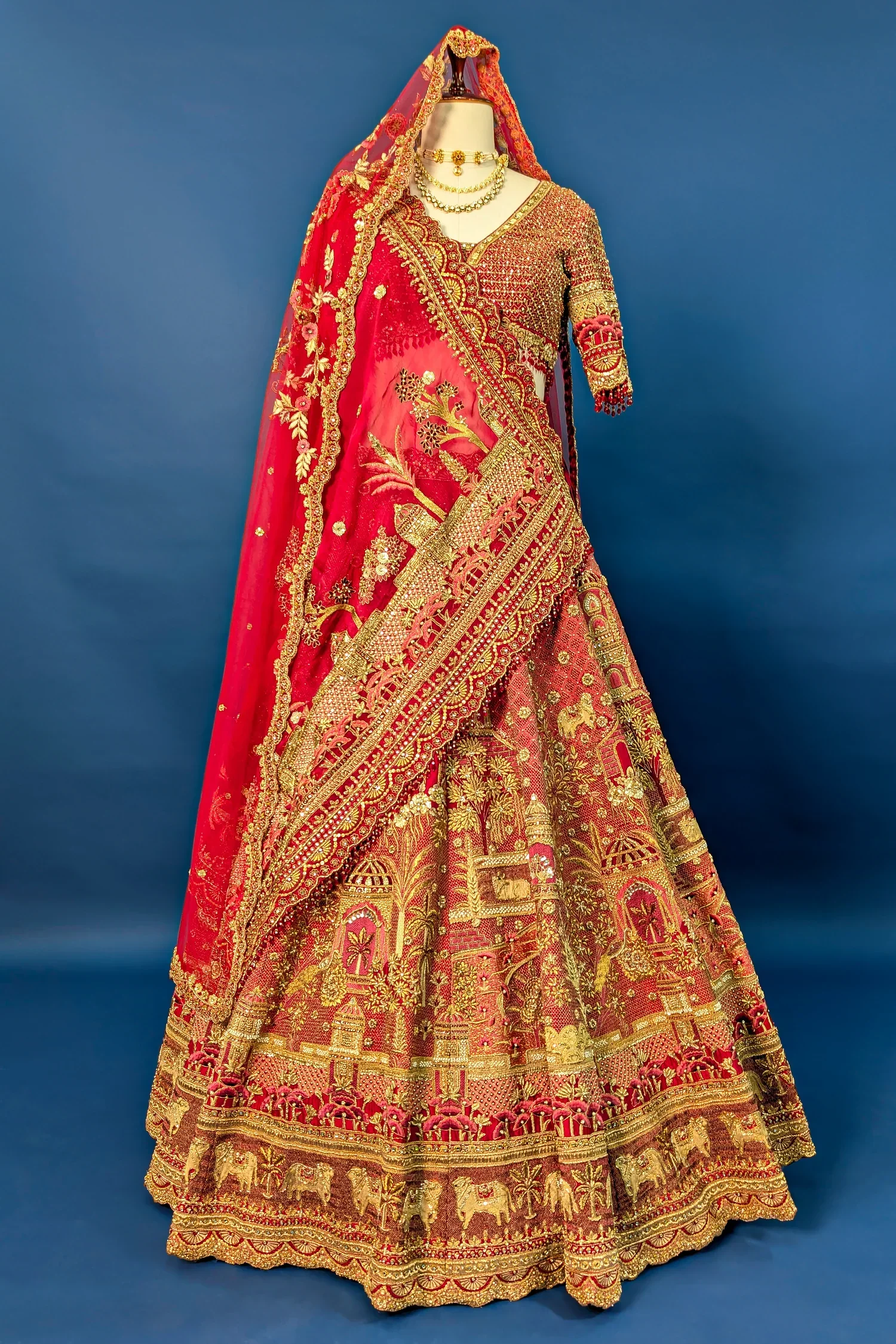 Red Matka Silk Designer Bridal Lehenga with Double Dupatta - Image 3