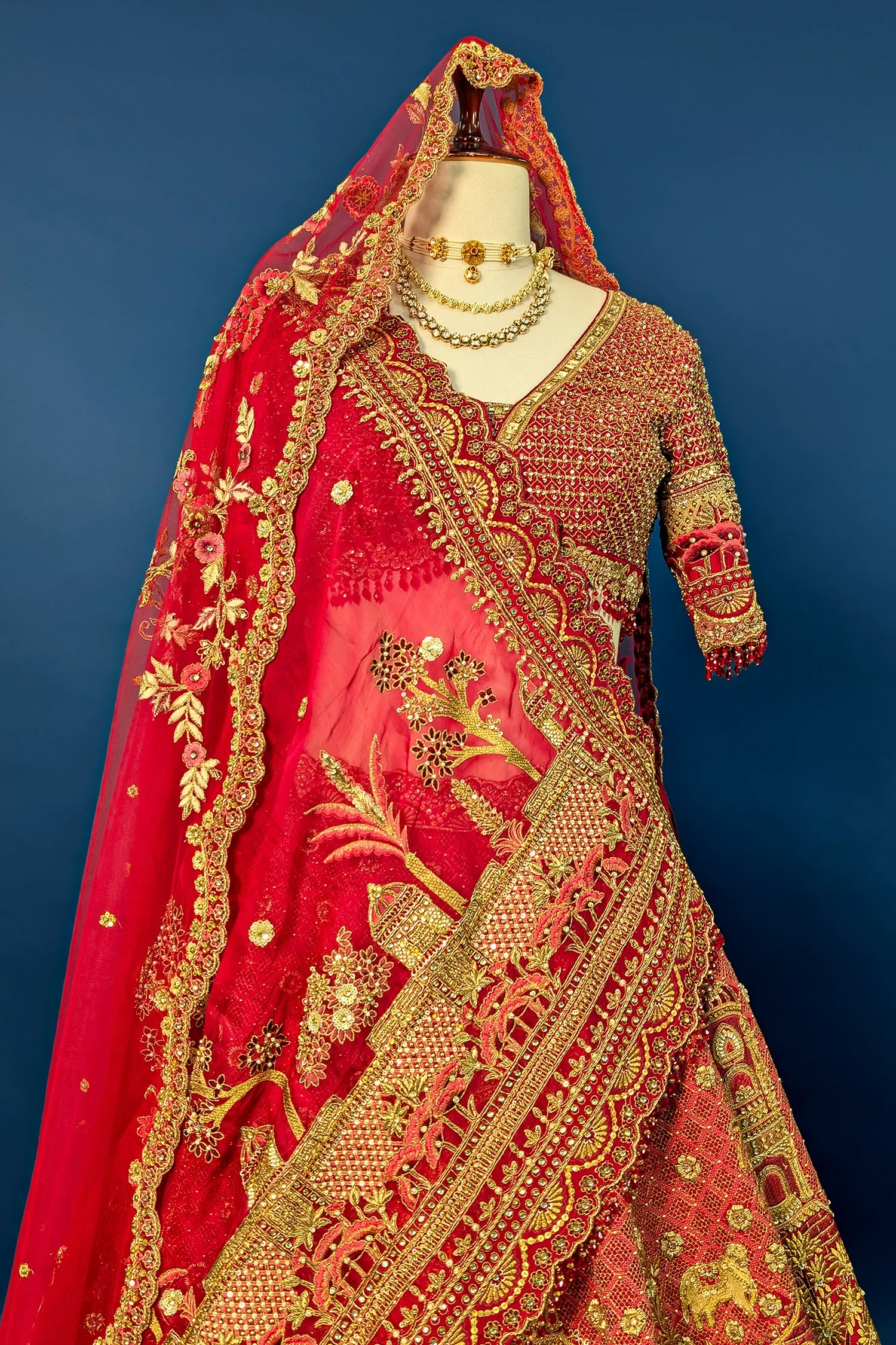 Red Matka Silk Designer Bridal Lehenga with Double Dupatta - Image 4