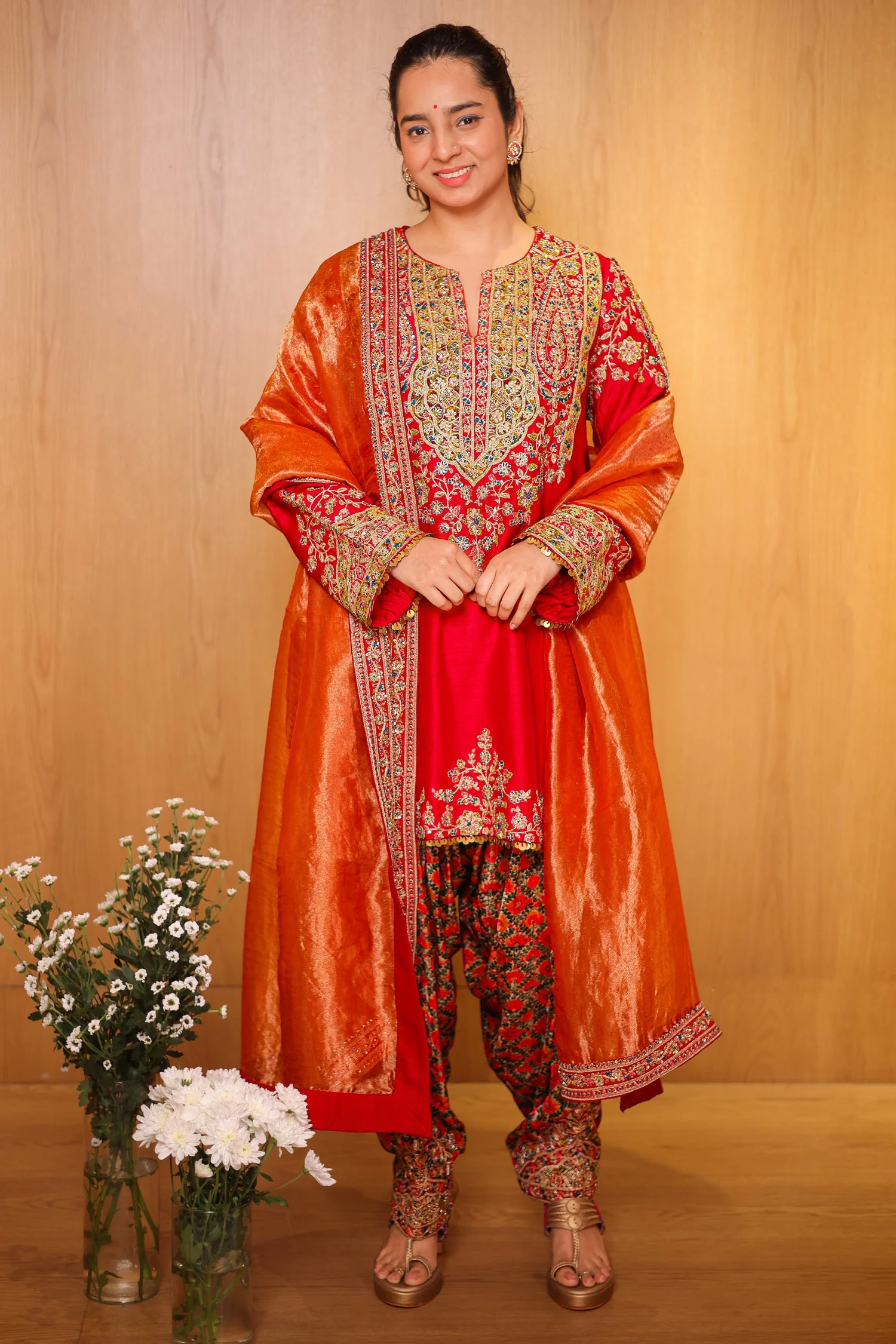 Red Matka Silk Zardosi and Sequinned Worked Suit - Image 2