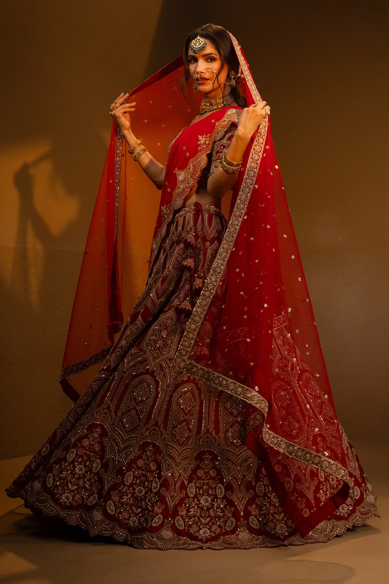 Red Raw Silk Designer Bridal Lehenga with Double Dupatta - Image 3