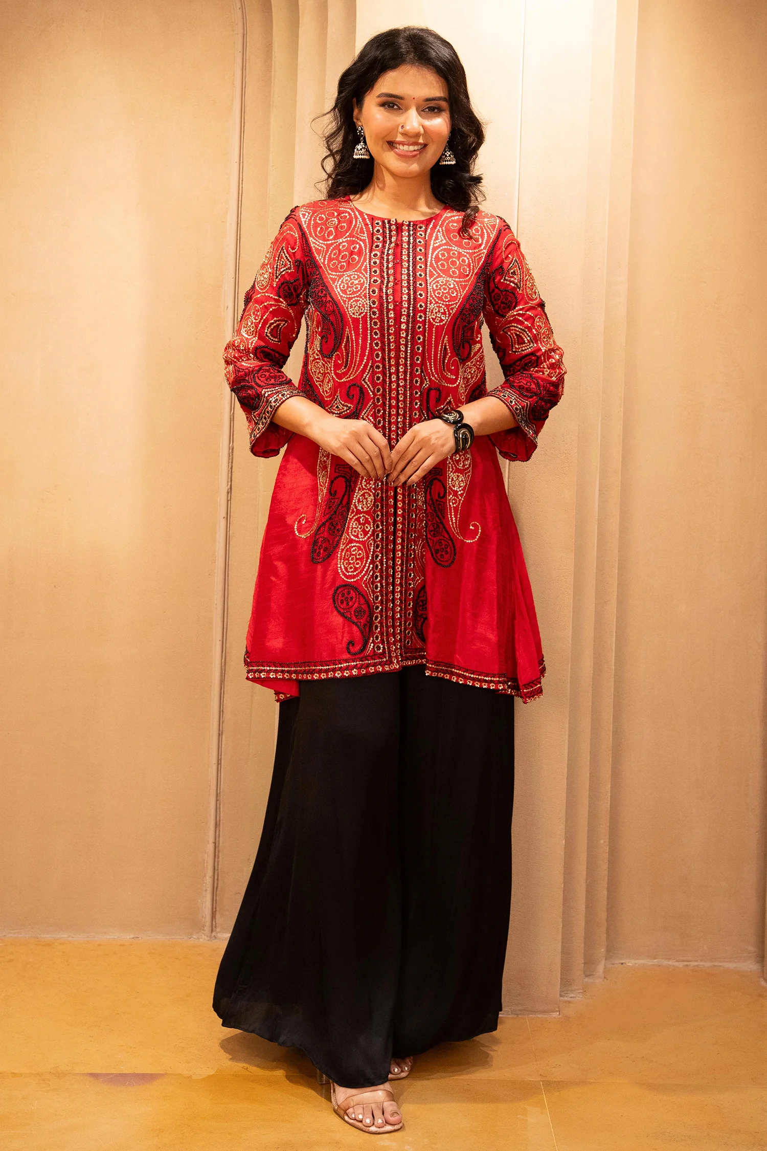 Red Raw Silk Embellished Sequin Beaded Top Palazzo Set - Image 2