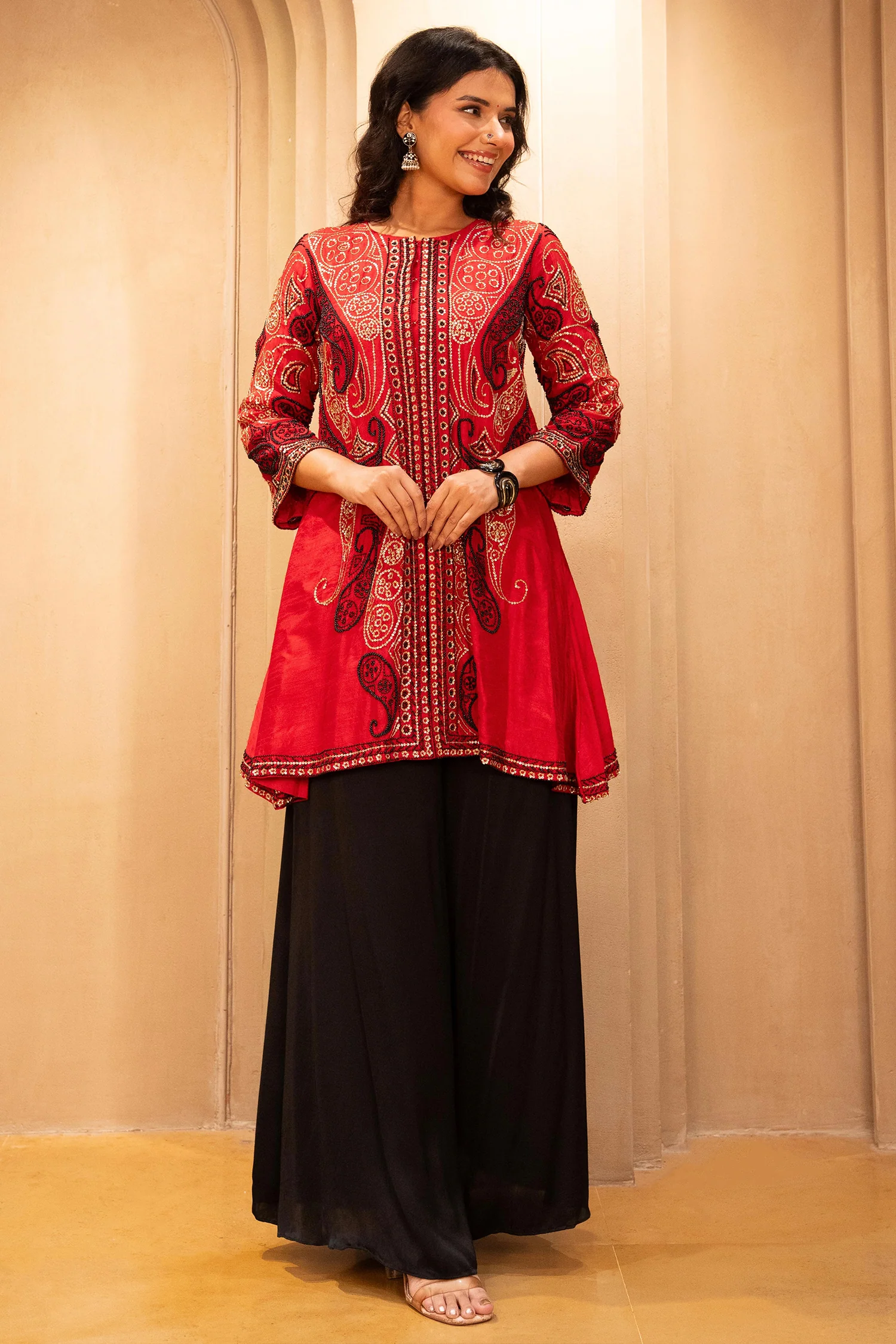 Red Raw Silk Embellished Sequin Beaded Top Palazzo Set - Image 3