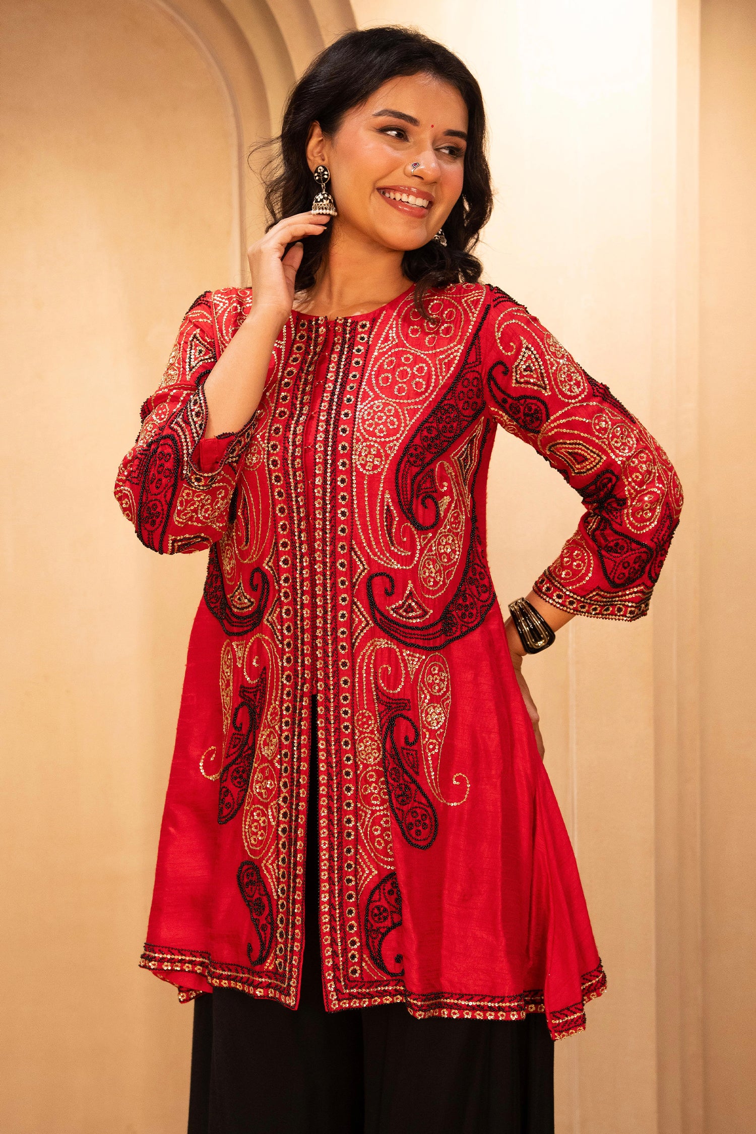 Red Raw Silk Embellished Sequin Beaded Top Palazzo Set - Image 4