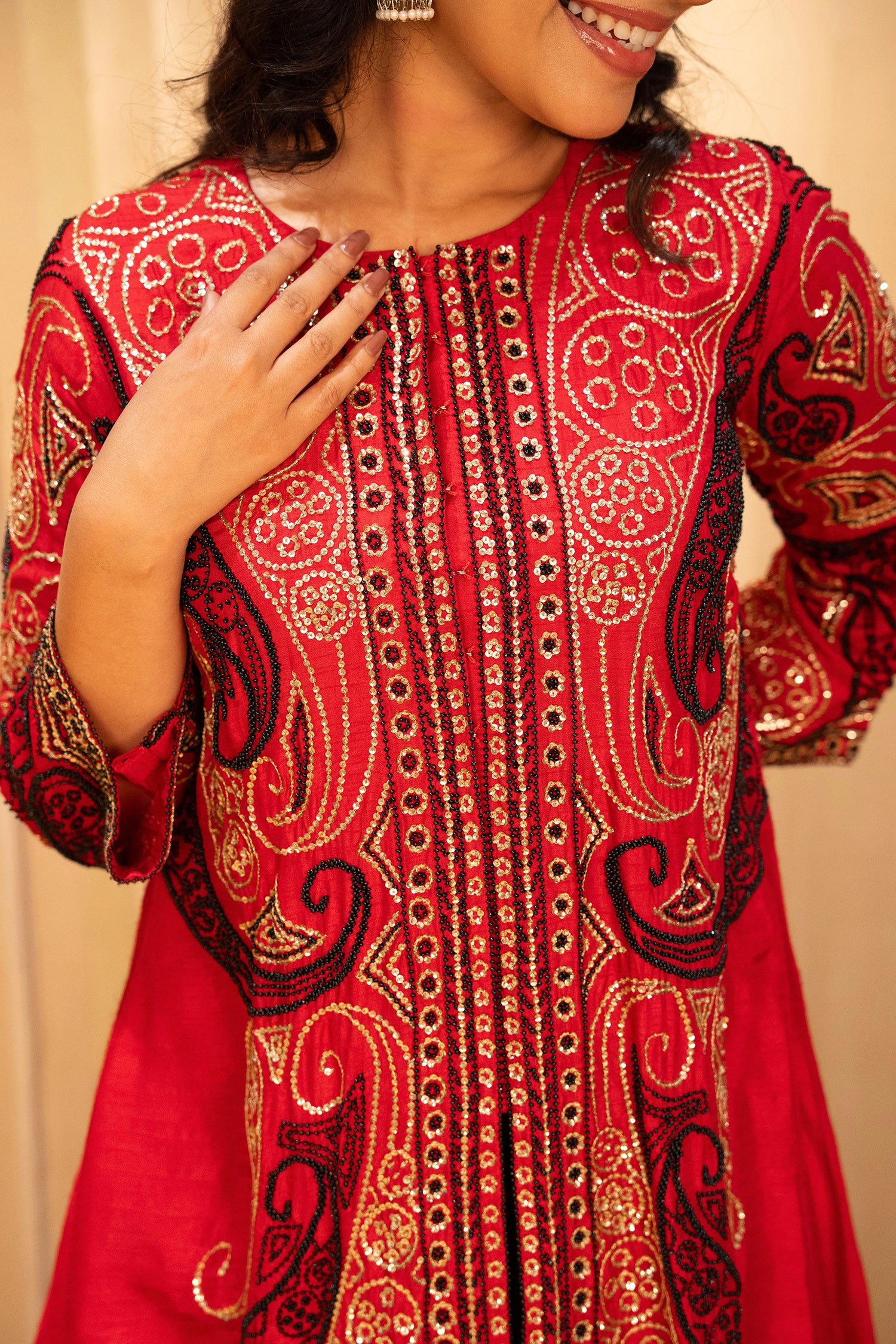 Red Raw Silk Embellished Sequin Beaded Top Palazzo Set - Image 5