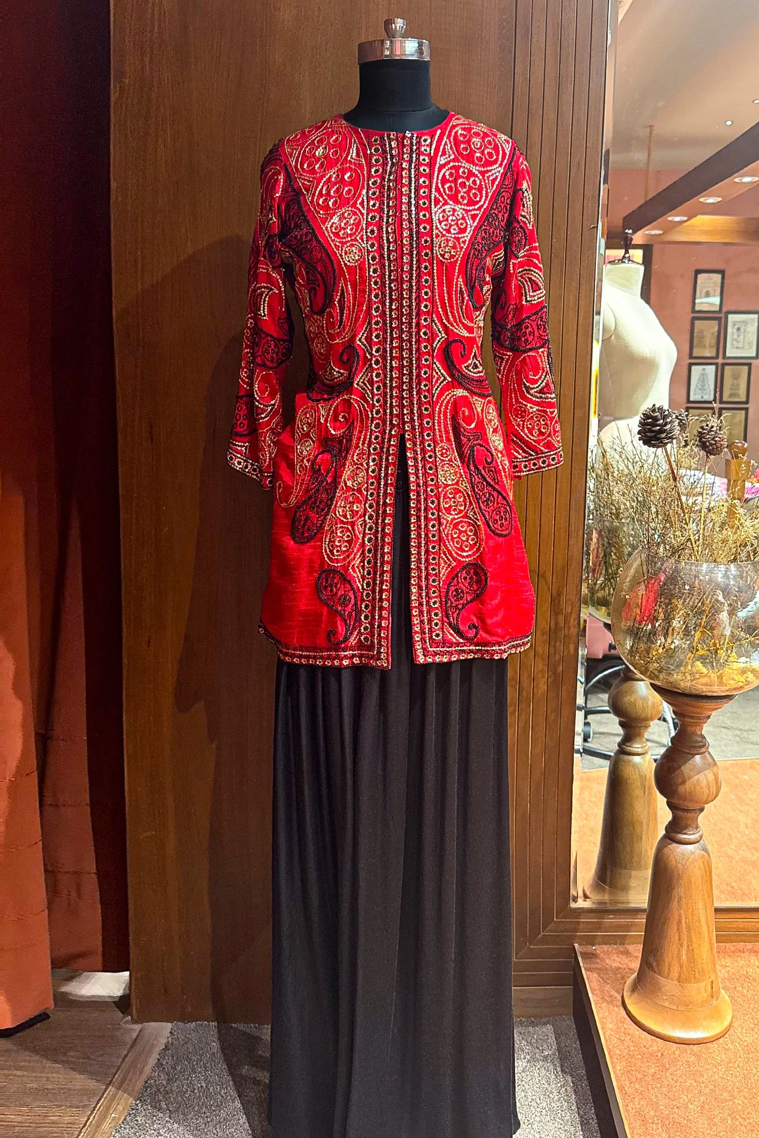 Red Raw Silk Embellished Sequin Beaded Top Palazzo Set - Image 6