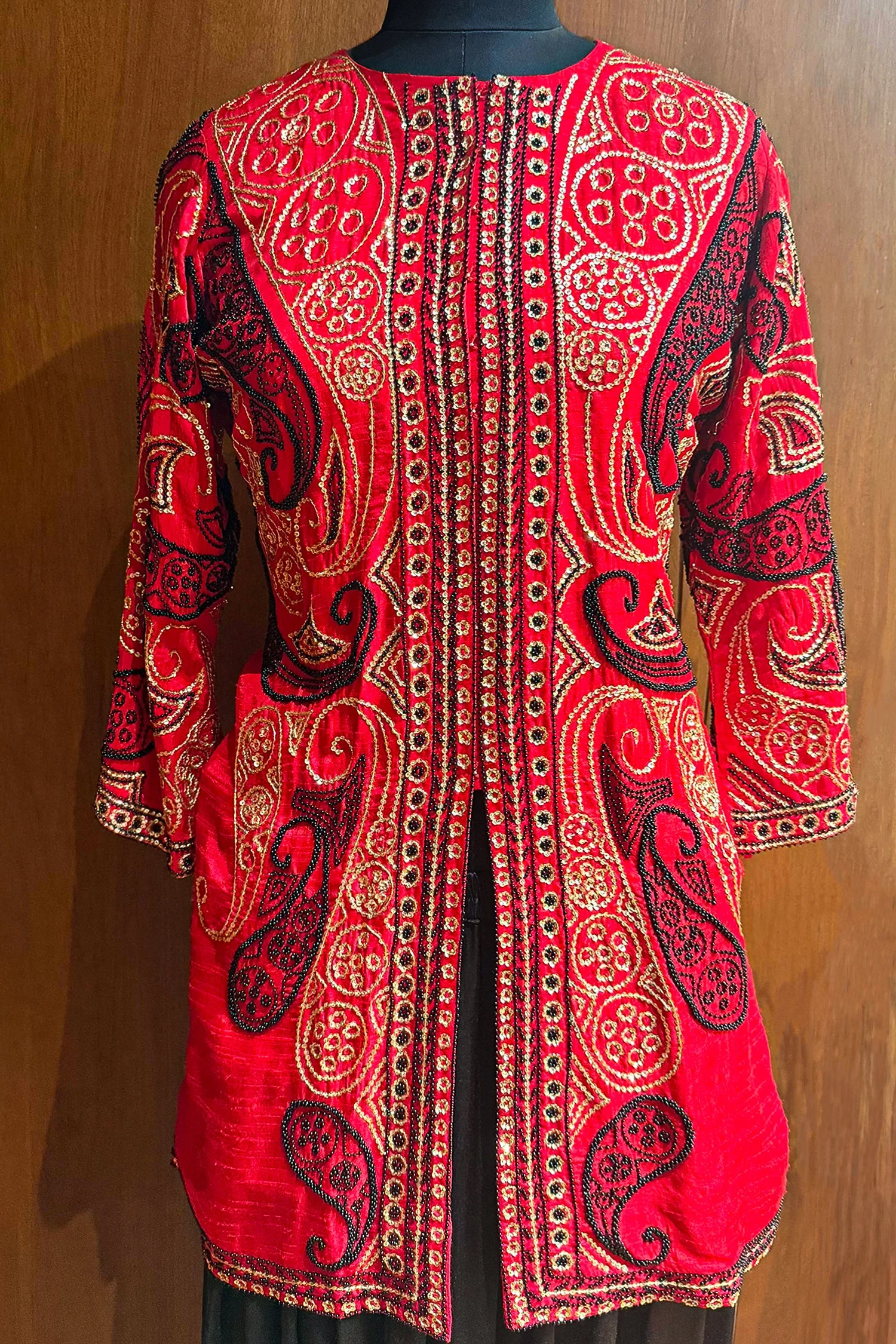 Red Raw Silk Embellished Sequin Beaded Top Palazzo Set - Image 7